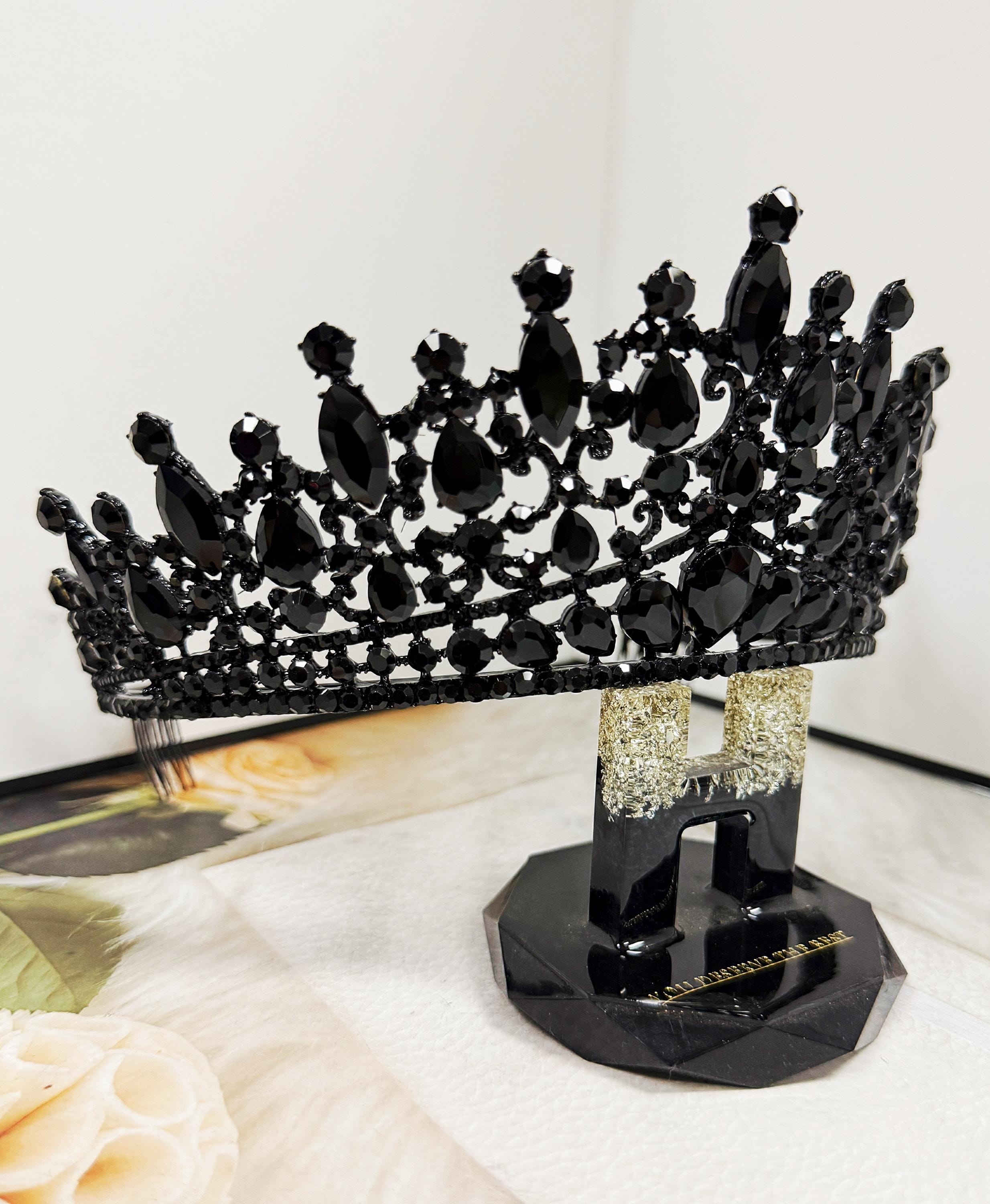 Gothic Wedding Tiara, Witch Queen Black Crystal Crown, Costume Headpiece