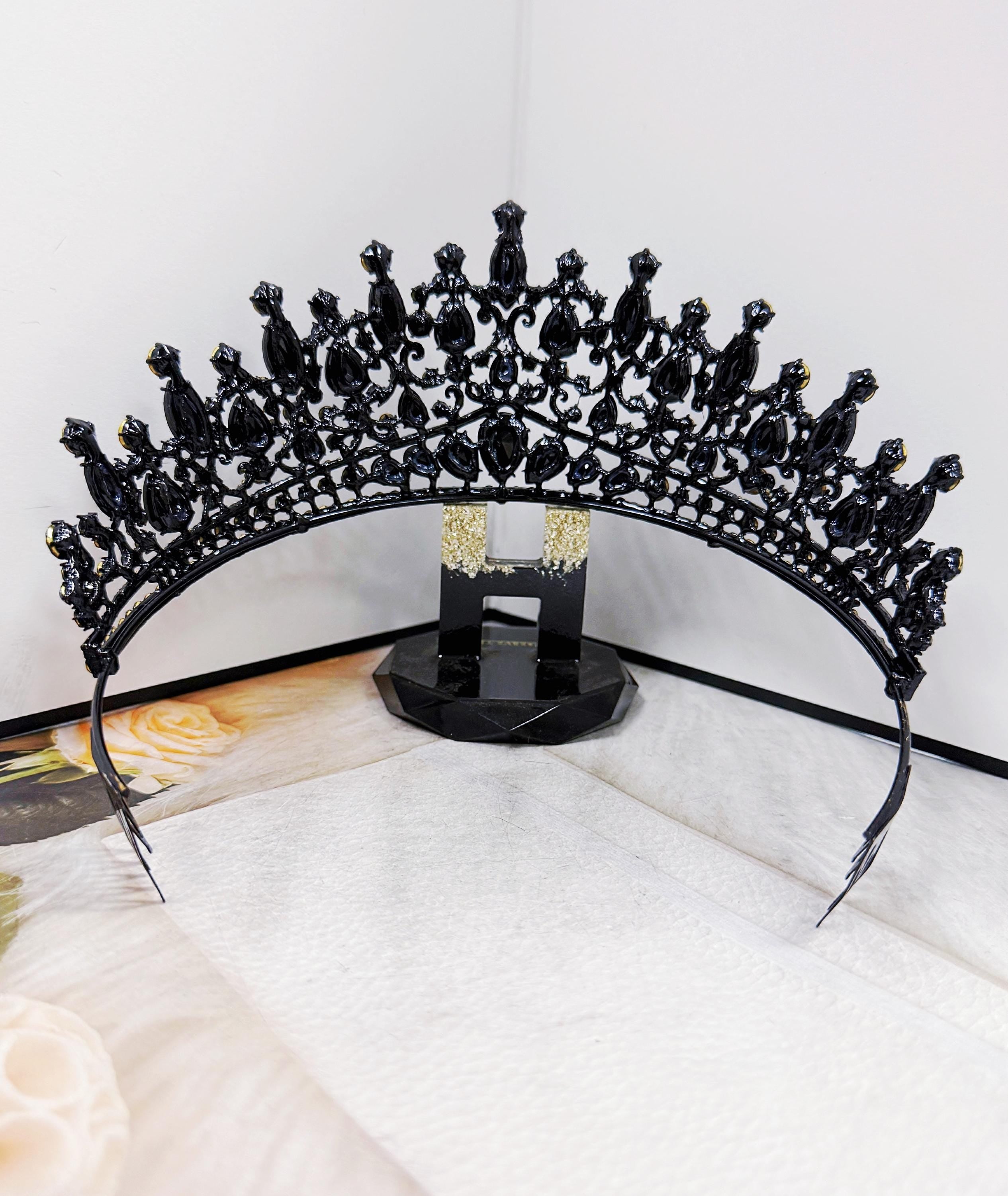 Gothic Wedding Tiara, Witch Queen Black Crystal Crown, Costume Headpiece