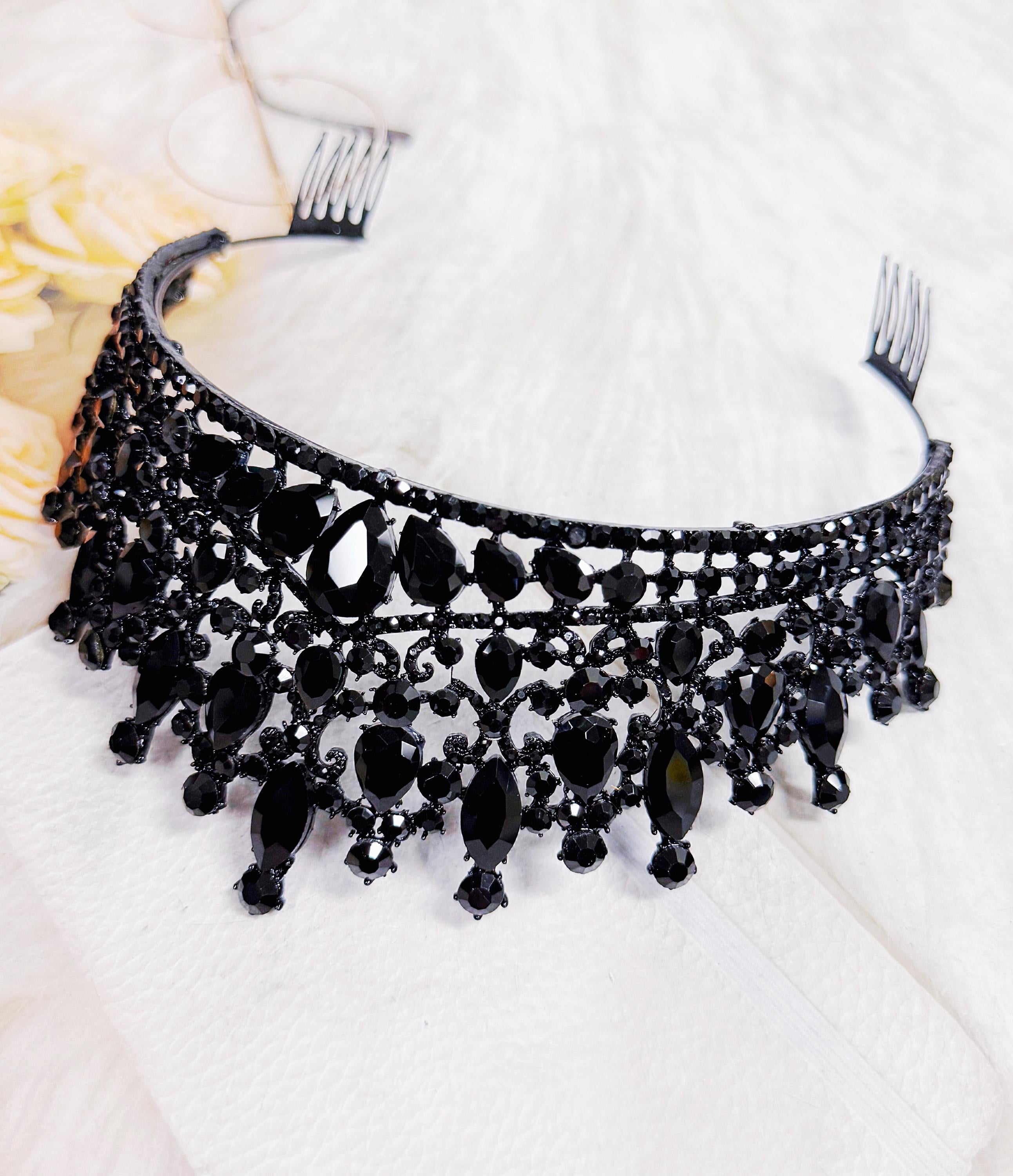 Gothic Wedding Tiara, Witch Queen Black Crystal Crown, Costume Headpiece