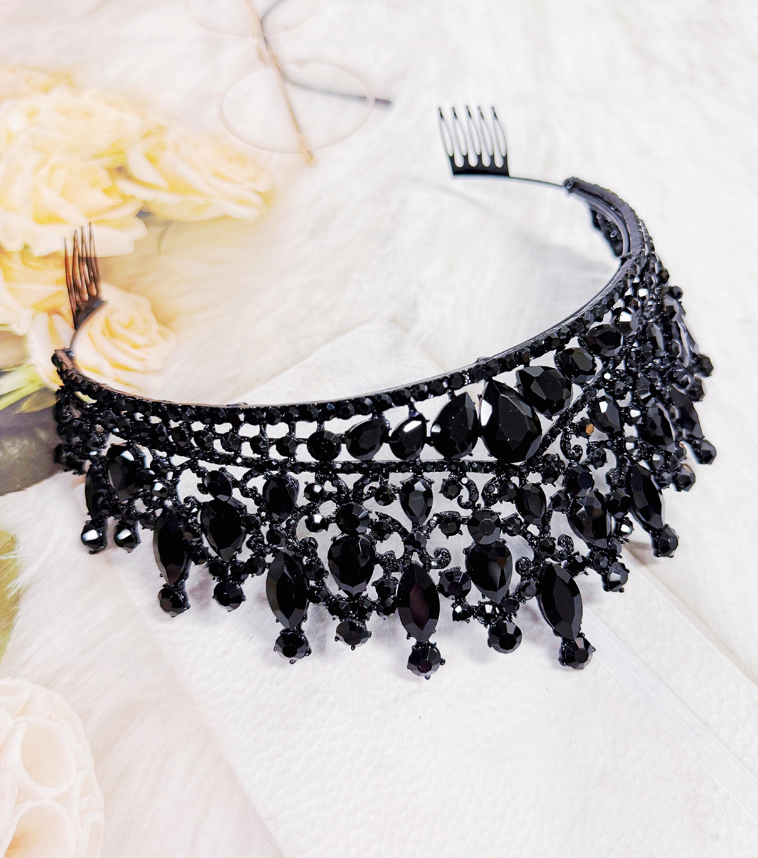 Gothic Wedding Tiara, Witch Queen Black Crystal Crown, Costume Headpiece
