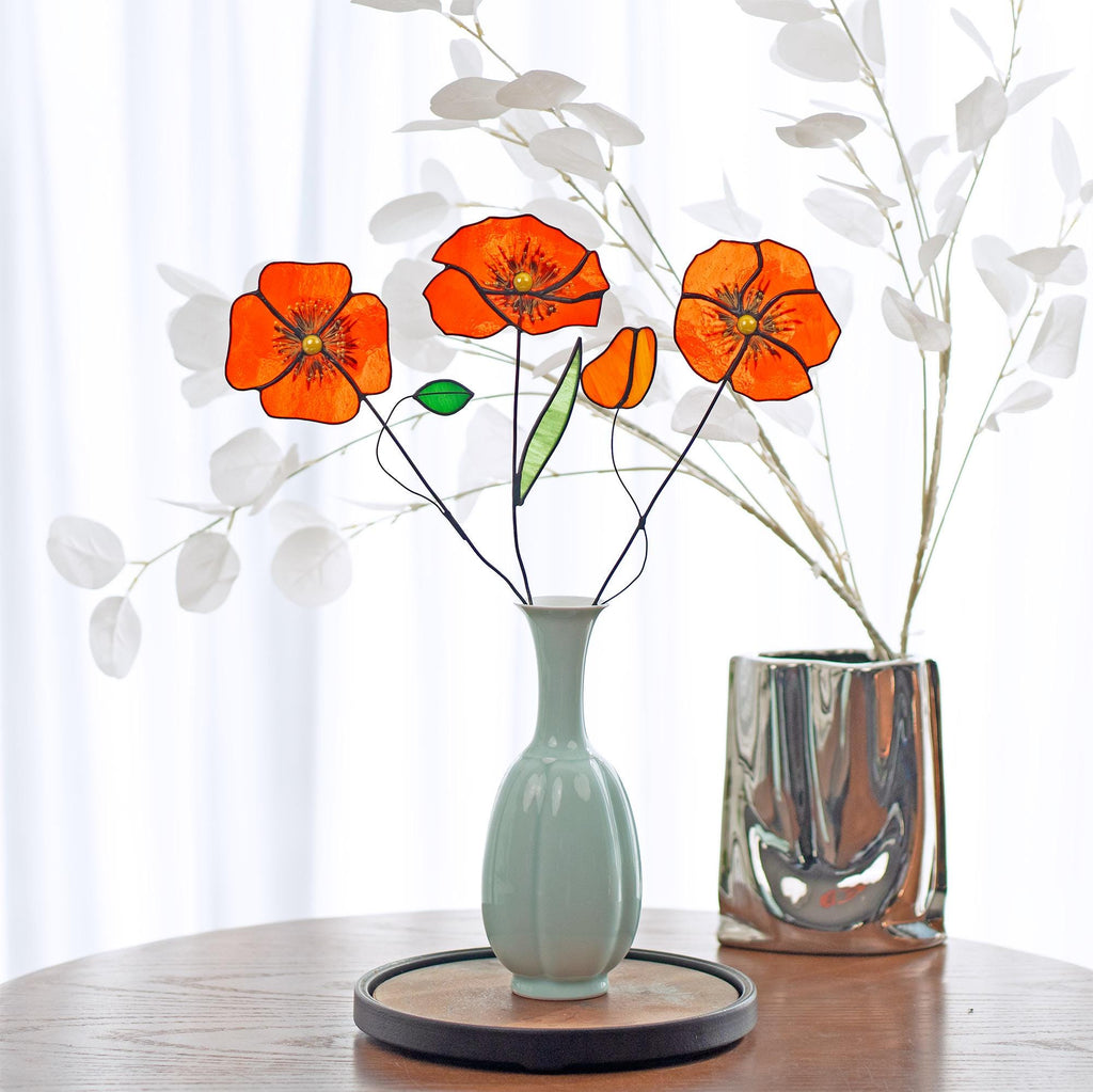 RainLine Handmade Stained Glass Poppy Flower Bouquet Stake Sun Catcher Set