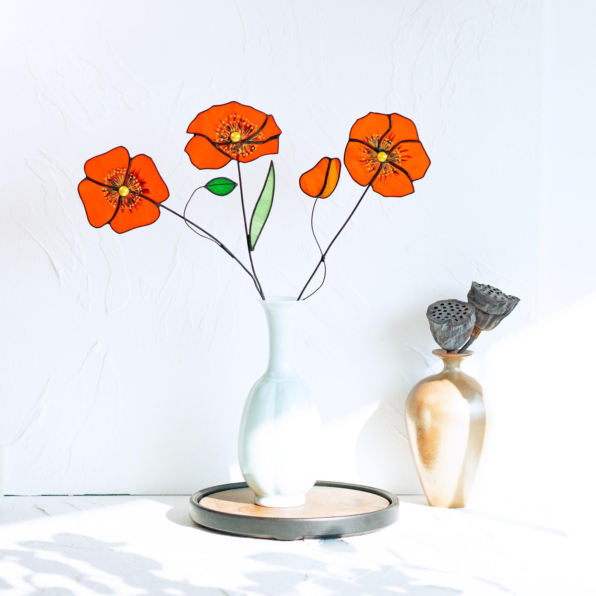 RainLine Handmade Stained Glass Poppy Flower Bouquet Stake Sun Catcher Set