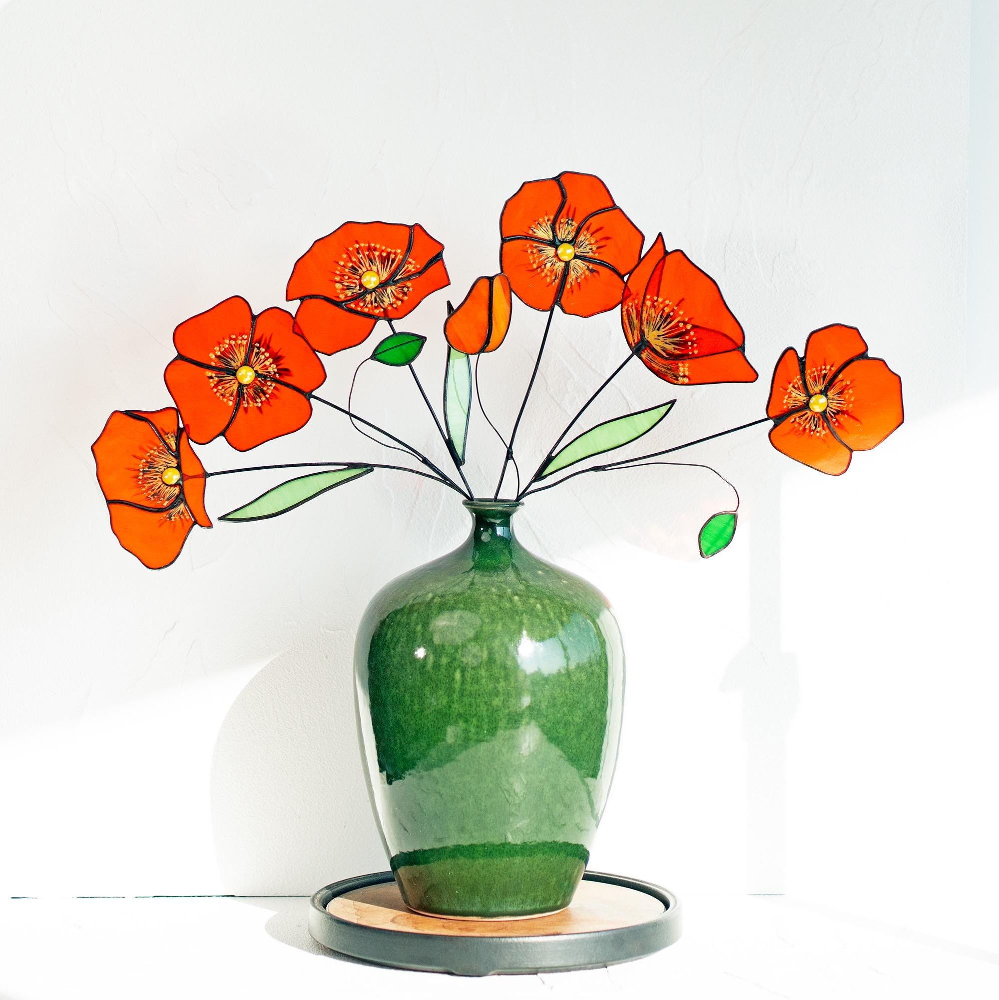 RainLine Handmade Stained Glass Poppy Flower Bouquet Stake Sun Catcher Set