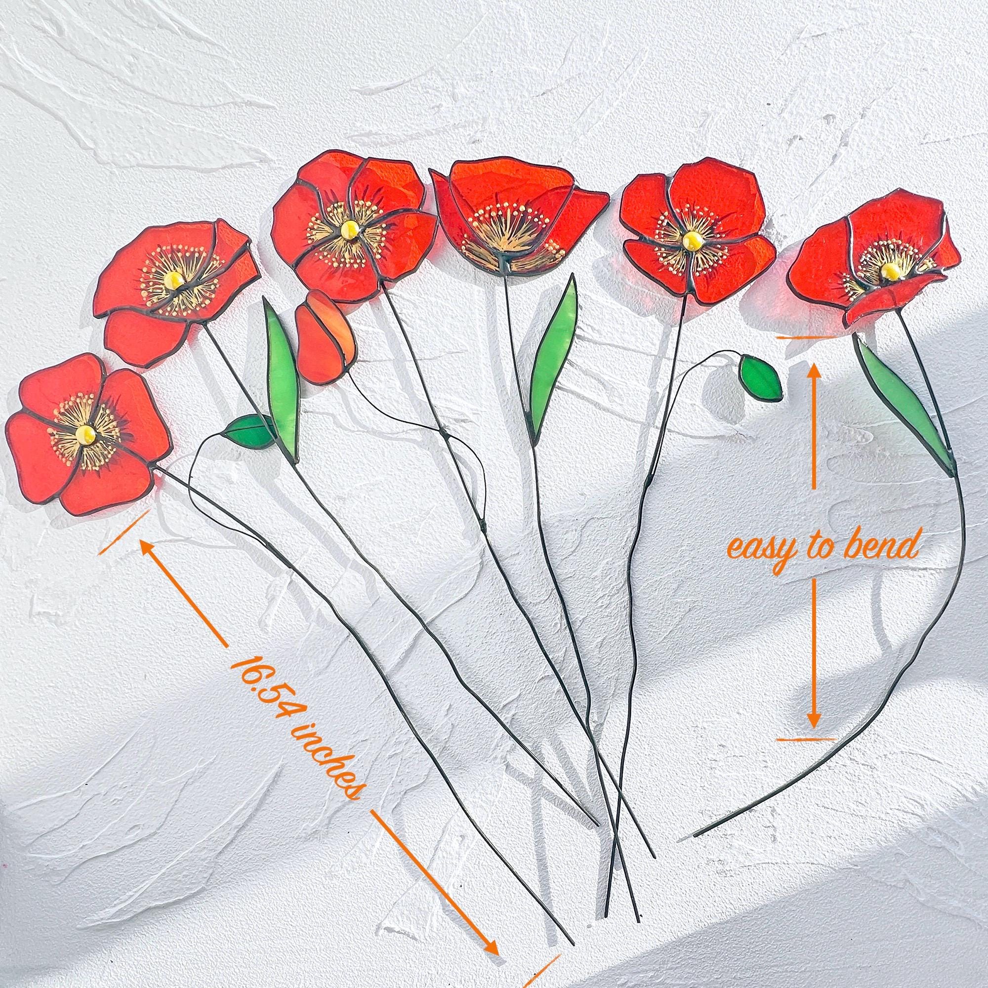 RainLine Handmade Stained Glass Poppy Flower Bouquet Stake Sun Catcher Set