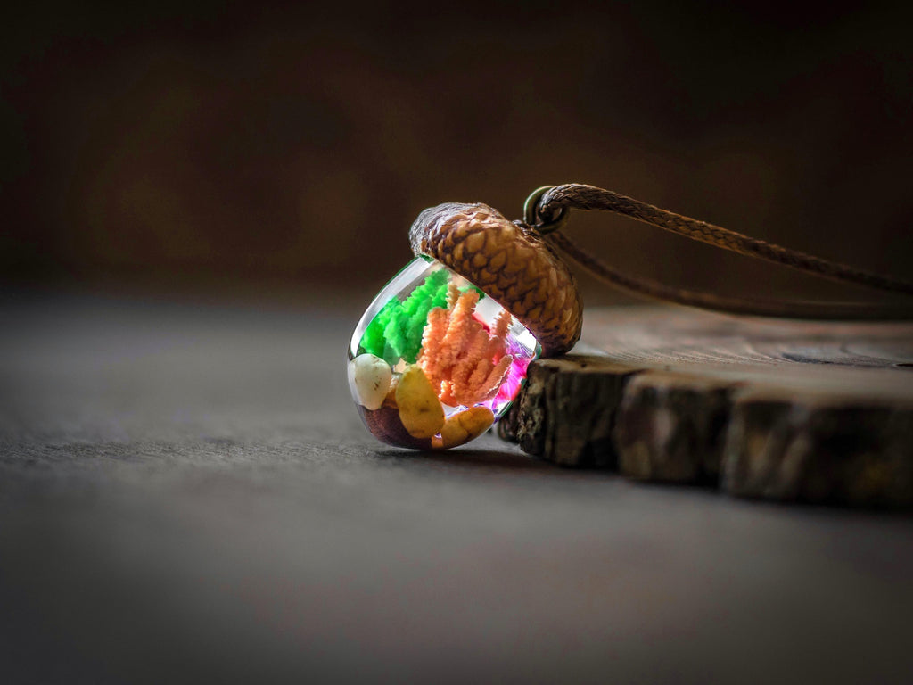 TinyNatureWorks Resin Acorn Terrarium Necklace Real Cap Fish Charm