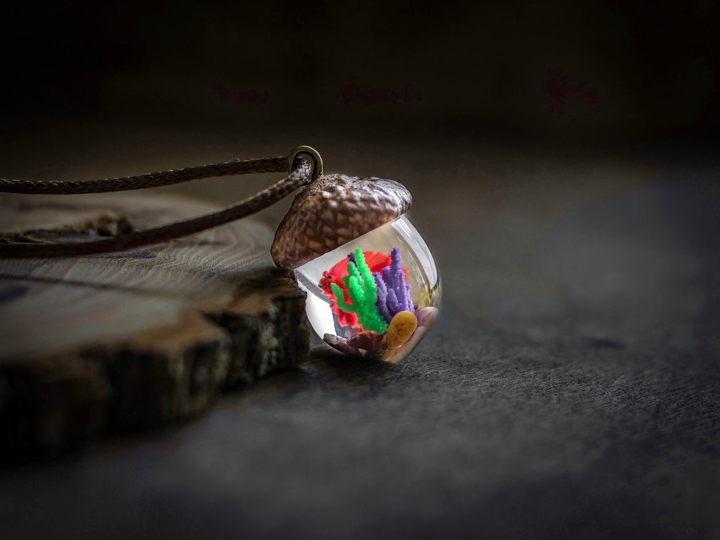 TinyNatureWorks Resin Acorn Terrarium Necklace Real Cap Fish Charm