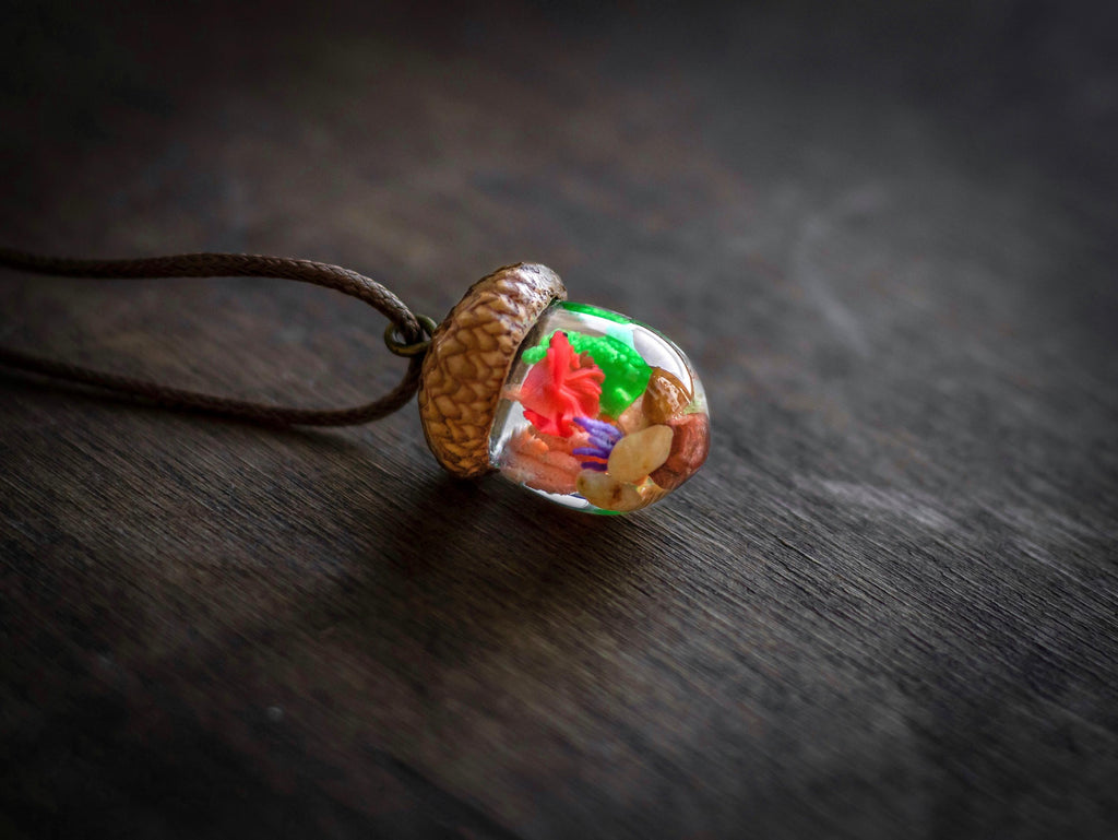 TinyNatureWorks Resin Acorn Terrarium Necklace Real Cap Fish Charm