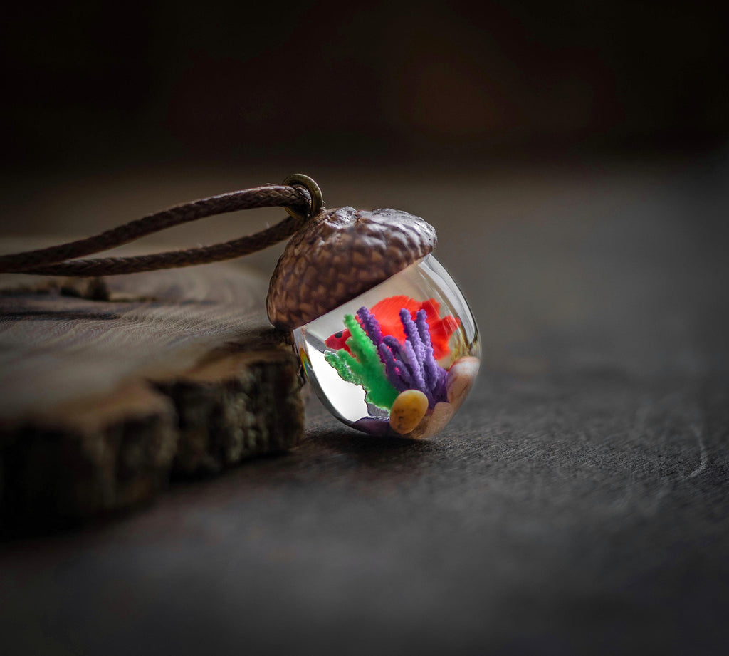 TinyNatureWorks Resin Acorn Terrarium Necklace Real Cap Fish Charm