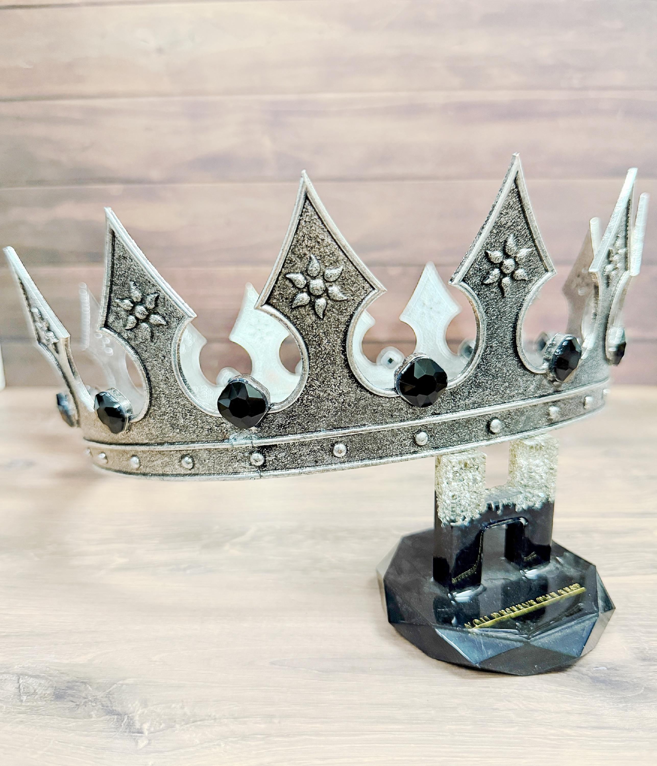 Vintage Silver Iron Medieval Crown, Renaissance Costume Accessory, Black Stone