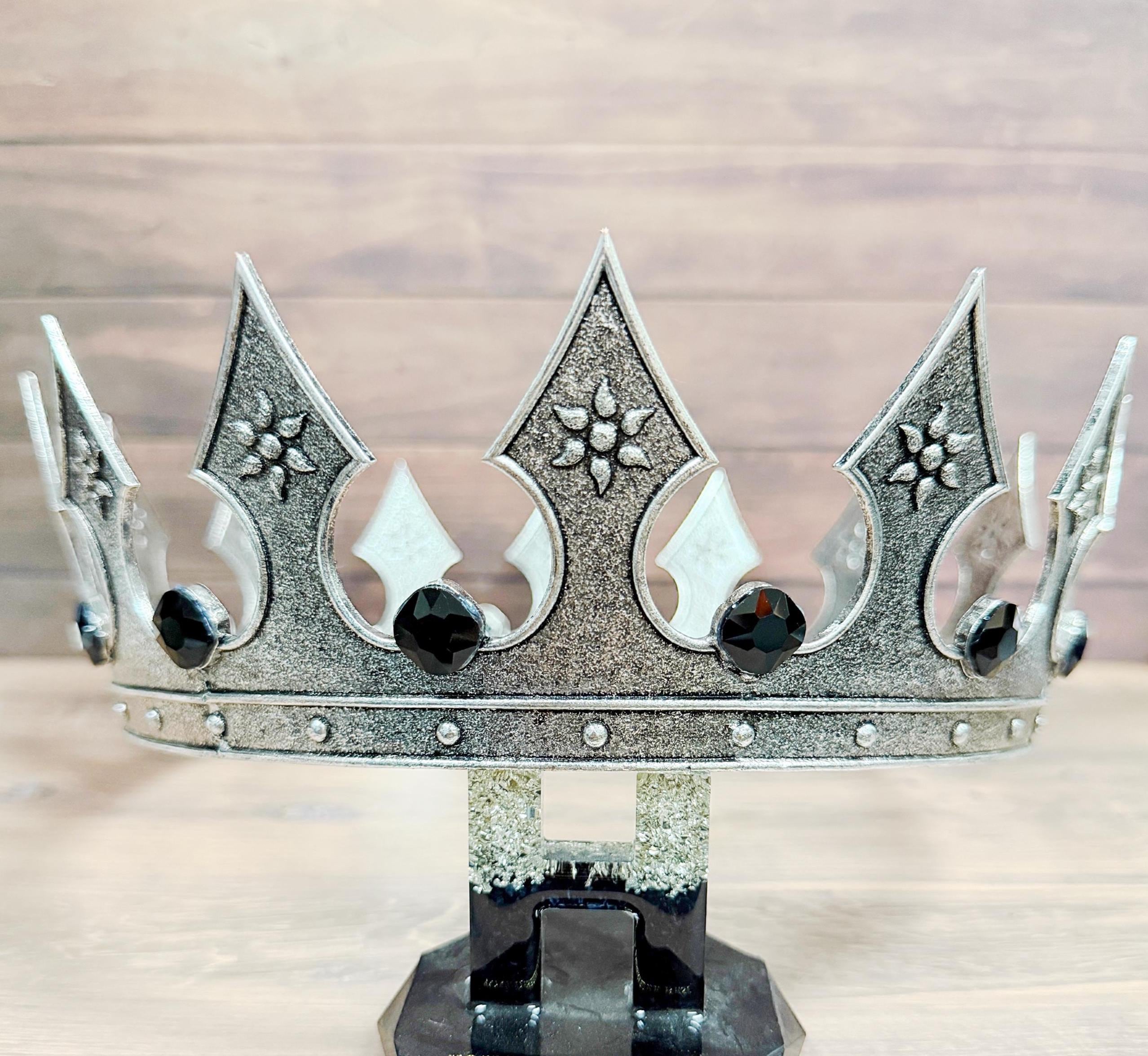 Vintage Silver Iron Medieval Crown, Renaissance Costume Accessory, Black Stone
