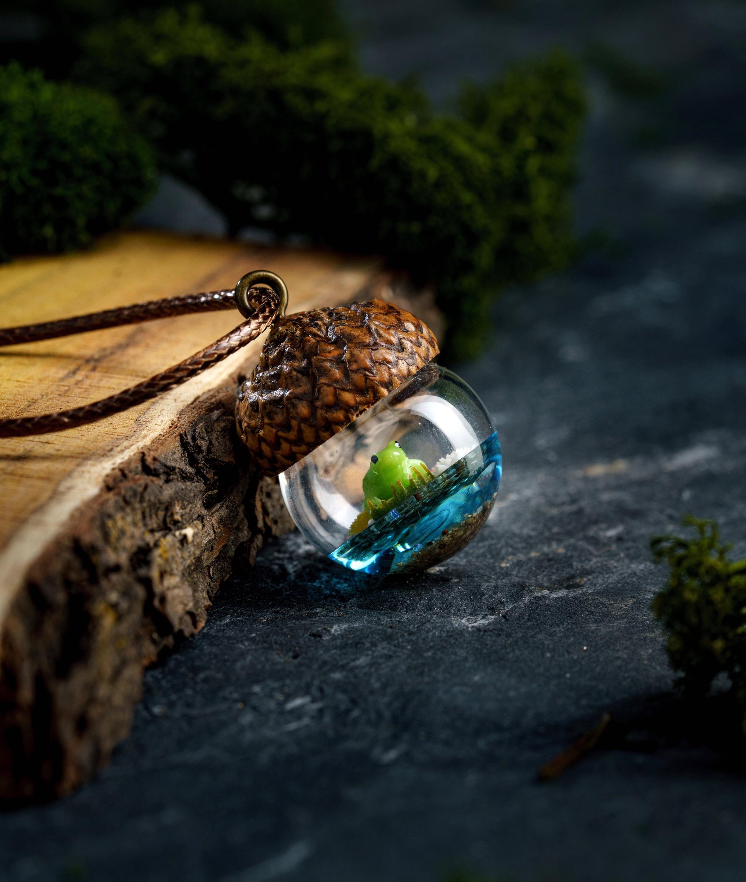 TinyNatureWorks Acorn Pendant Necklace with Resin Snail on Mushroom