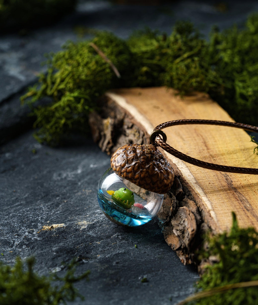 TinyNatureWorks Acorn Pendant Necklace with Resin Snail on Mushroom