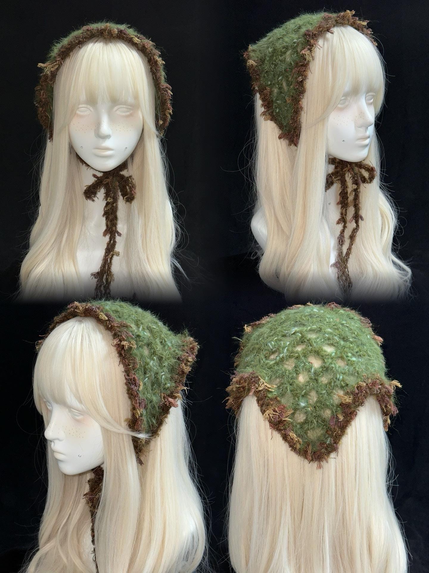 Crochet Triangle Headscarf Y2K Woodland Hair Wrap with Fringe
