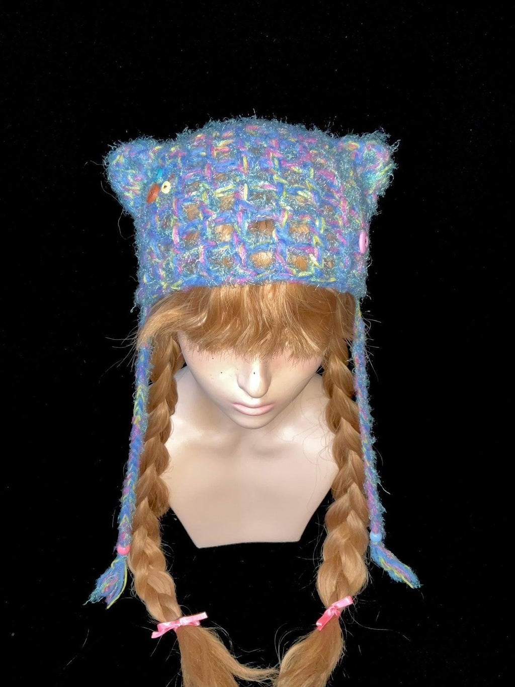 StellarPride Handmade Rainbow Knit Cat Ear Beanie - Whimsical Summer Hat