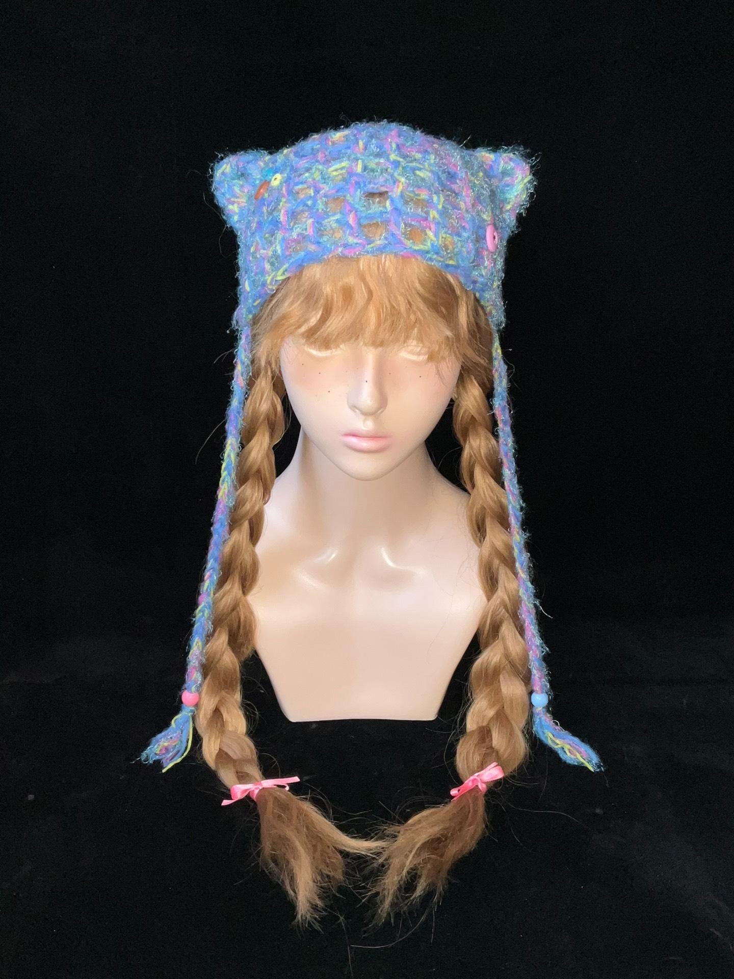 StellarPride Handmade Rainbow Knit Cat Ear Beanie - Whimsical Summer Hat