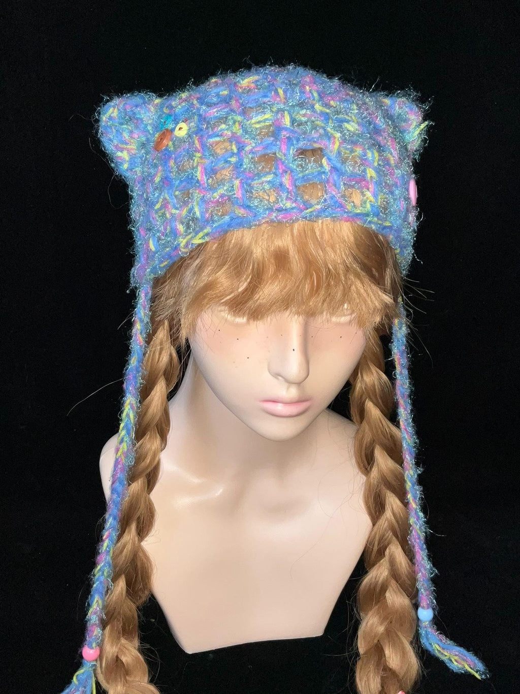 StellarPride Handmade Rainbow Knit Cat Ear Beanie - Whimsical Summer Hat