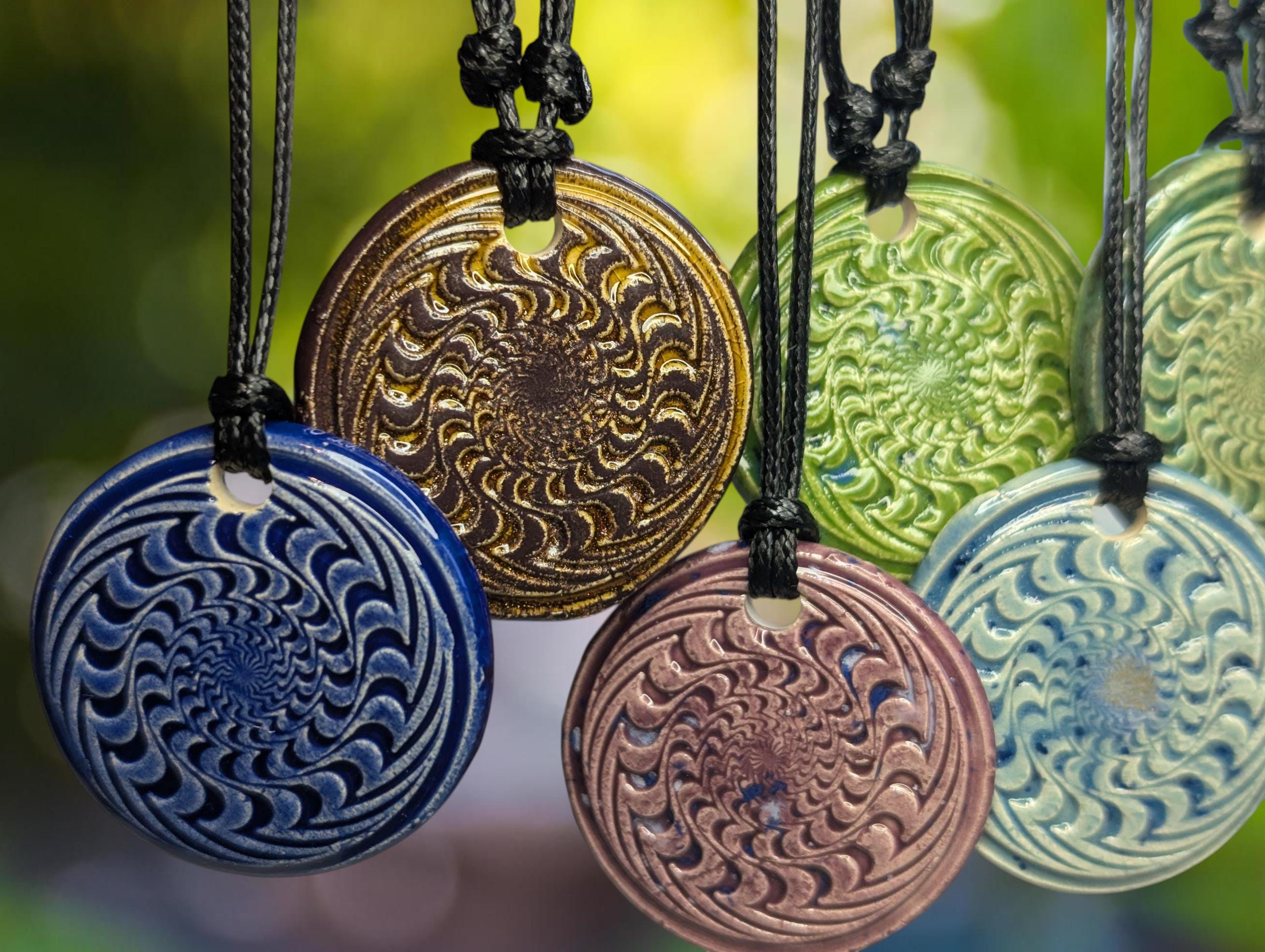 NoctemPottery Psychedelic Swirl Ceramic Pendant Necklace Adjustable Cord