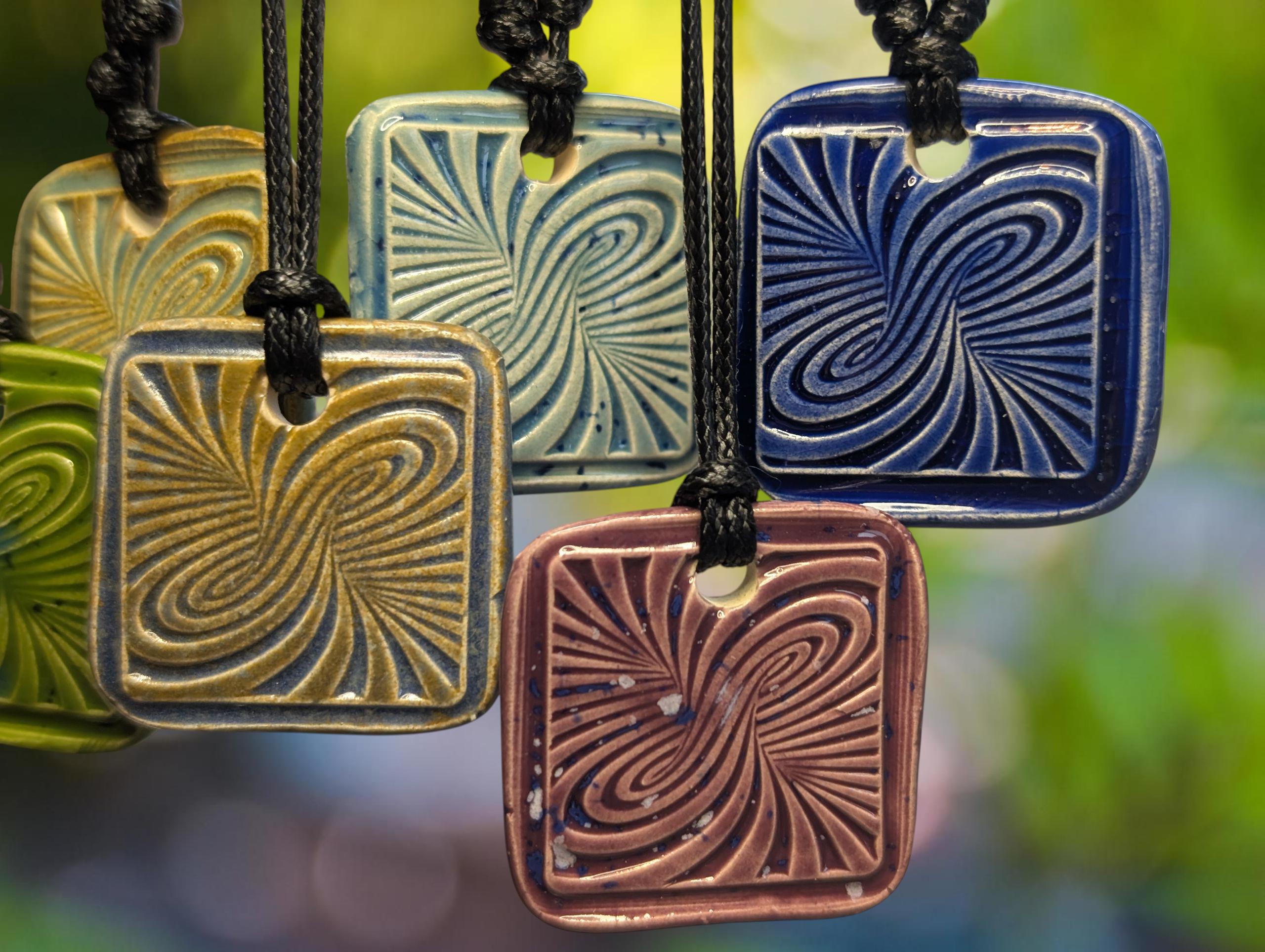 NoctemPottery Psychedelic Swirl Square Ceramic Pendant Necklace