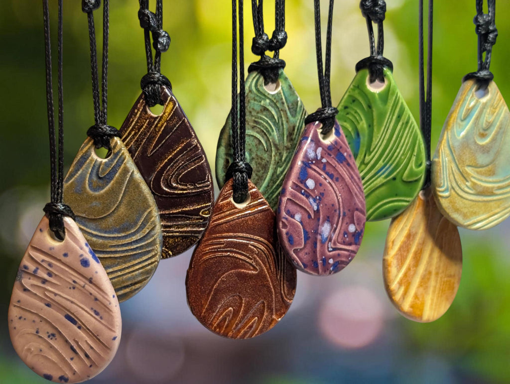 NoctemPottery Geometric Swirl Ceramic Pendant Necklace with Adjustable Cord