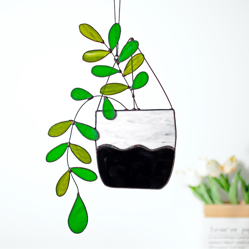 RainLine Large Boho Stained Glass Plant Suncatcher 14.57in Hanging