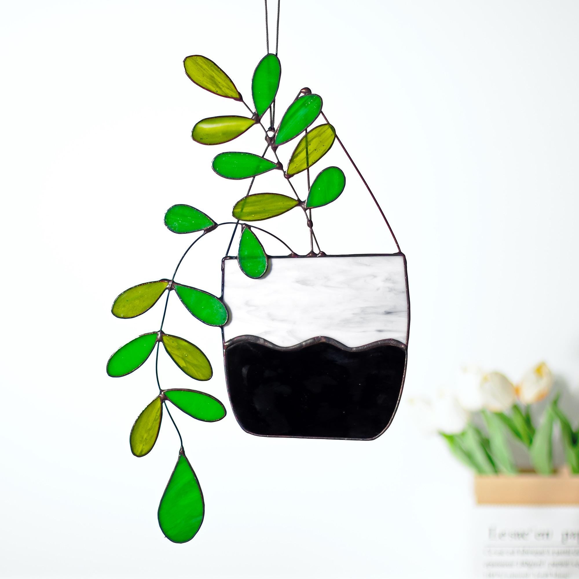 RainLine Large Boho Stained Glass Plant Suncatcher 14.57in Hanging