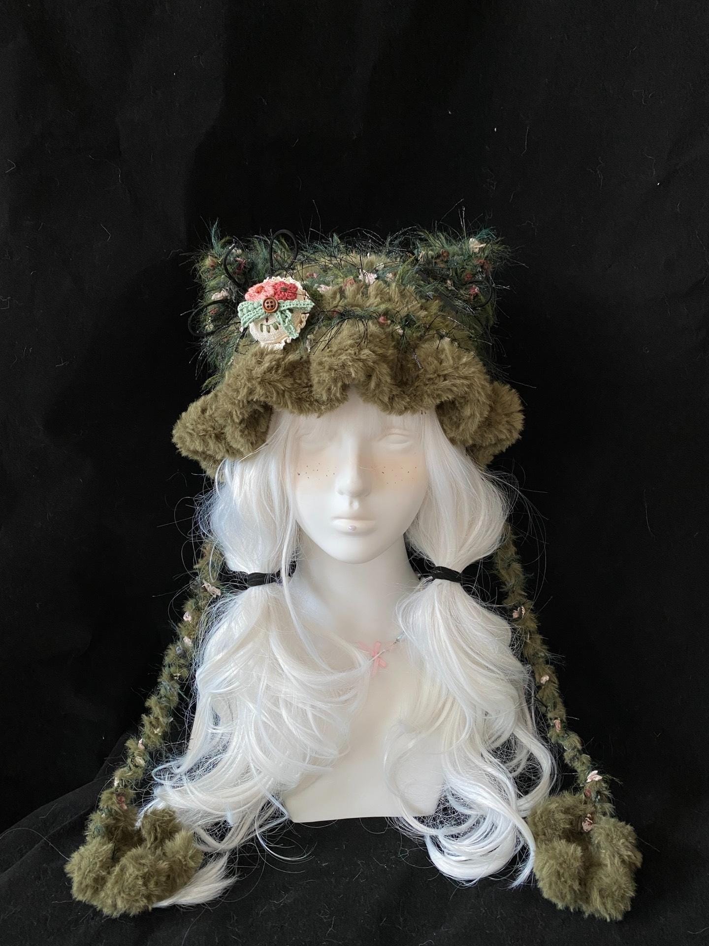 StellarPride Moss Green Cat Ear Hood Fuzzy Knit Fairycore Beanie