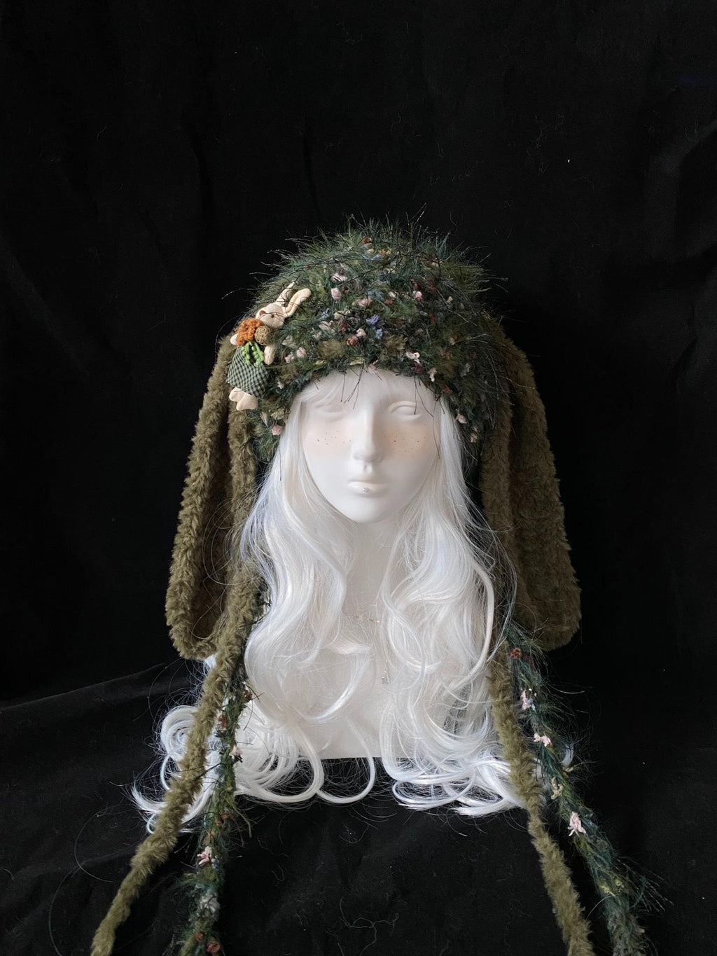 StellarPride Moss Green Cat Ear Hood Fuzzy Knit Fairycore Beanie