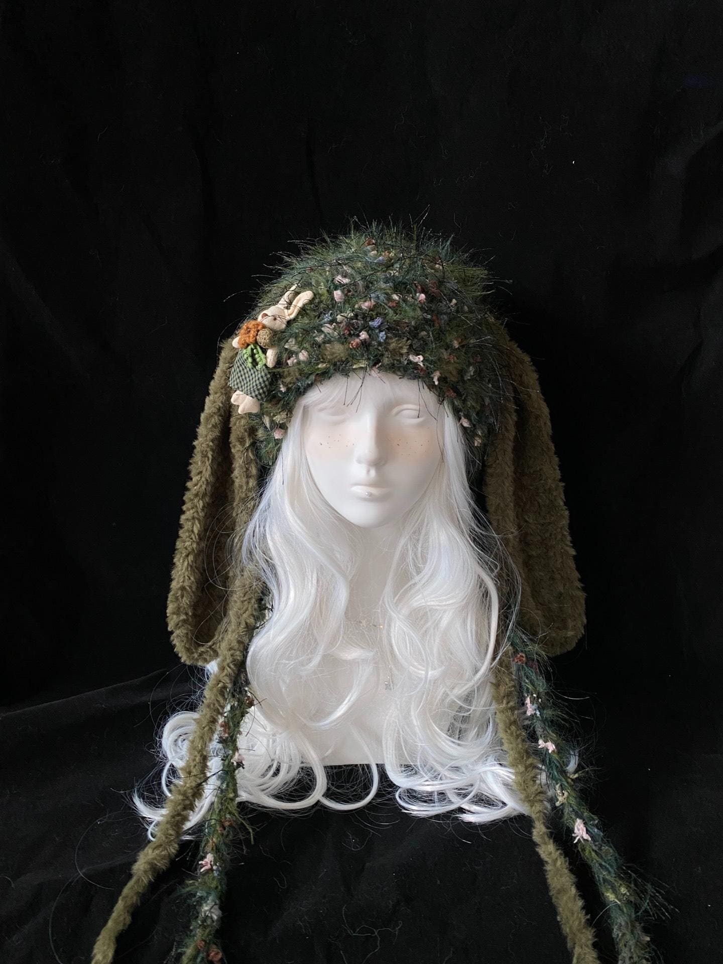 StellarPride Moss Green Cat Ear Hood Fuzzy Knit Fairycore Beanie