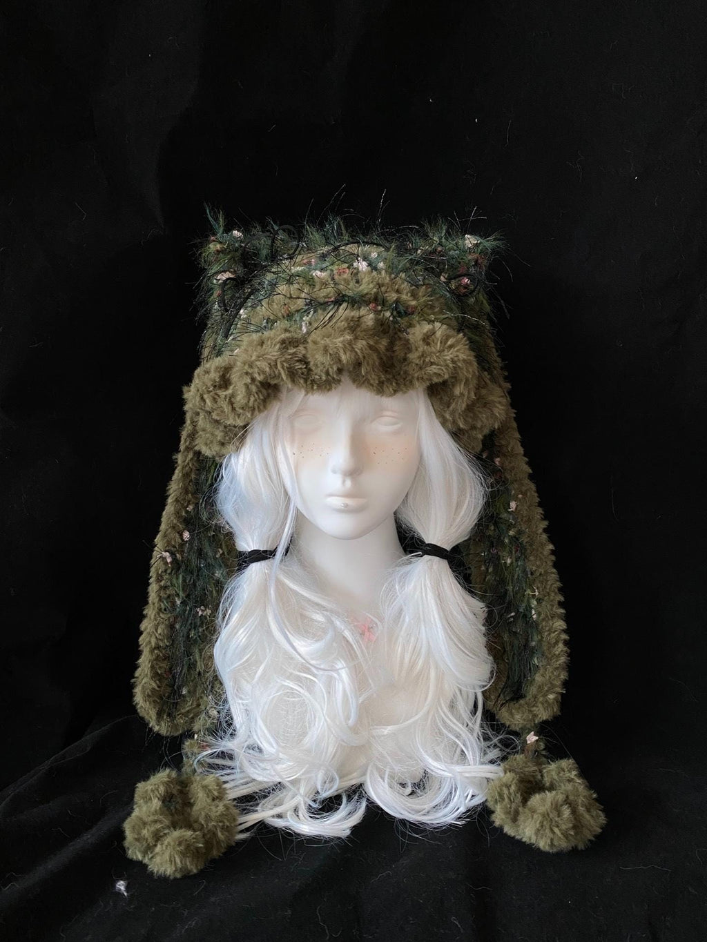 StellarPride Moss Green Cat Ear Hood Fuzzy Knit Fairycore Beanie