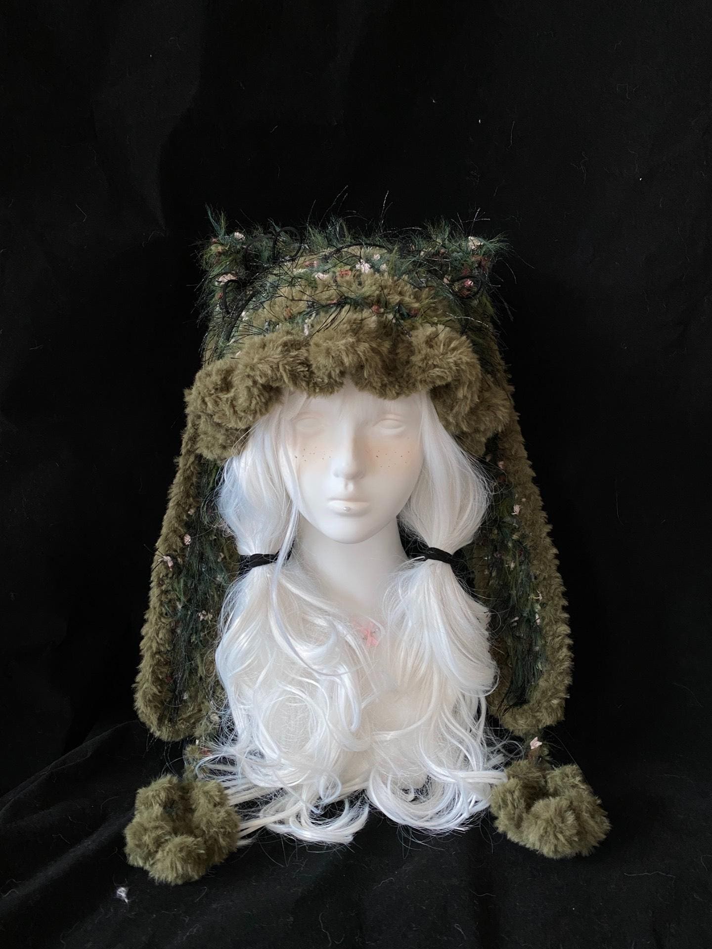 Handmade Moss Green Cat Ear Hood: Fuzzy Knit Fairycore Beanie