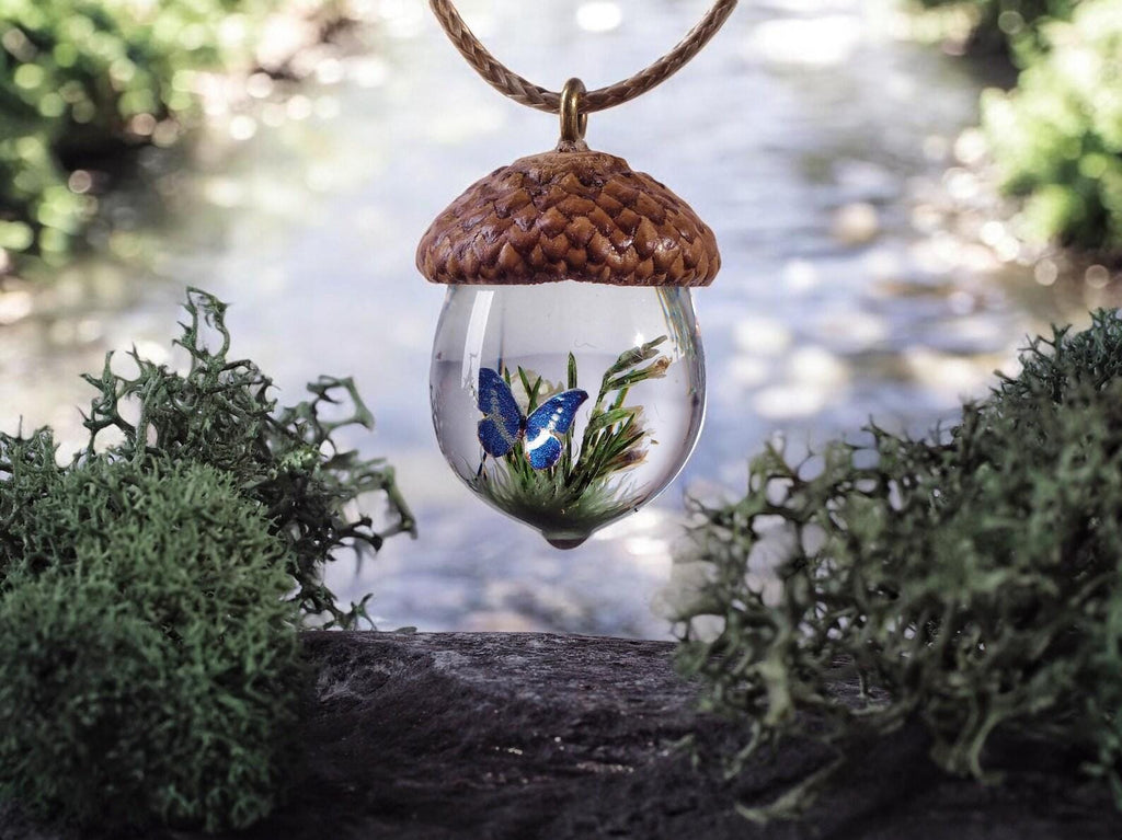 TinyNatureWorks Resin Acorn Necklace With Hand-Painted Blue Butterfly