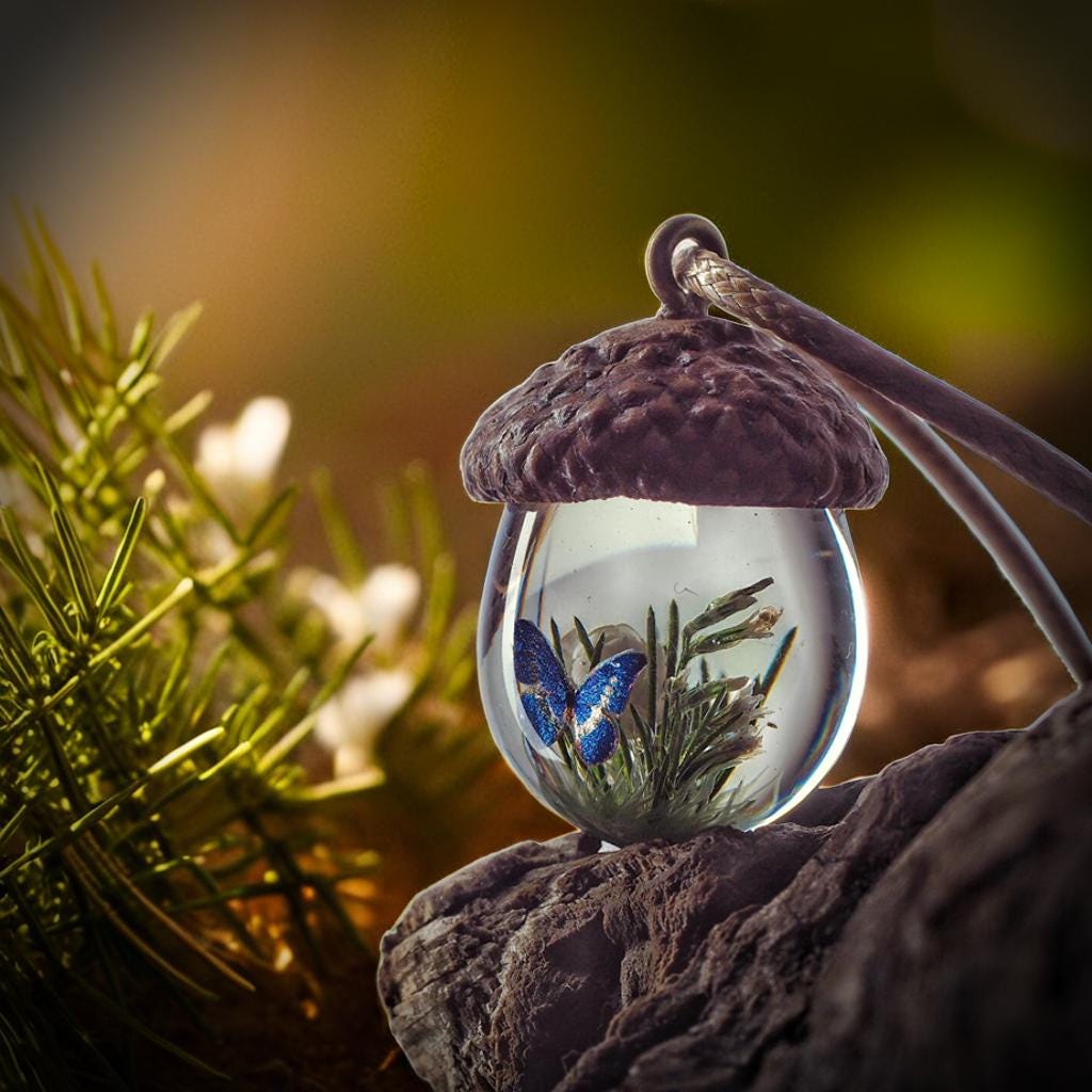 TinyNatureWorks Resin Acorn Necklace With Hand-Painted Blue Butterfly