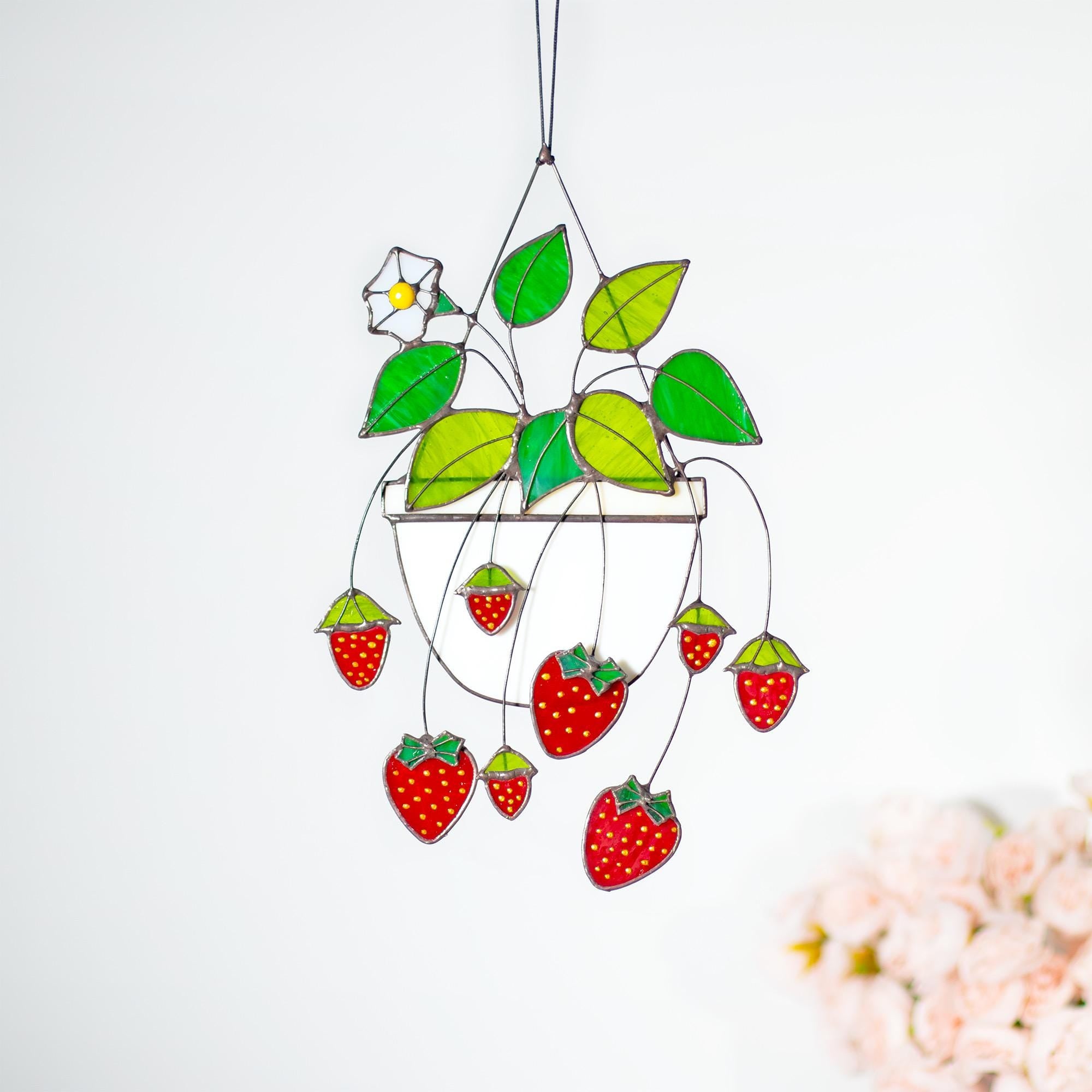 RainLine Strawberry Stained Glass Suncatcher Window Hanging 12.6in