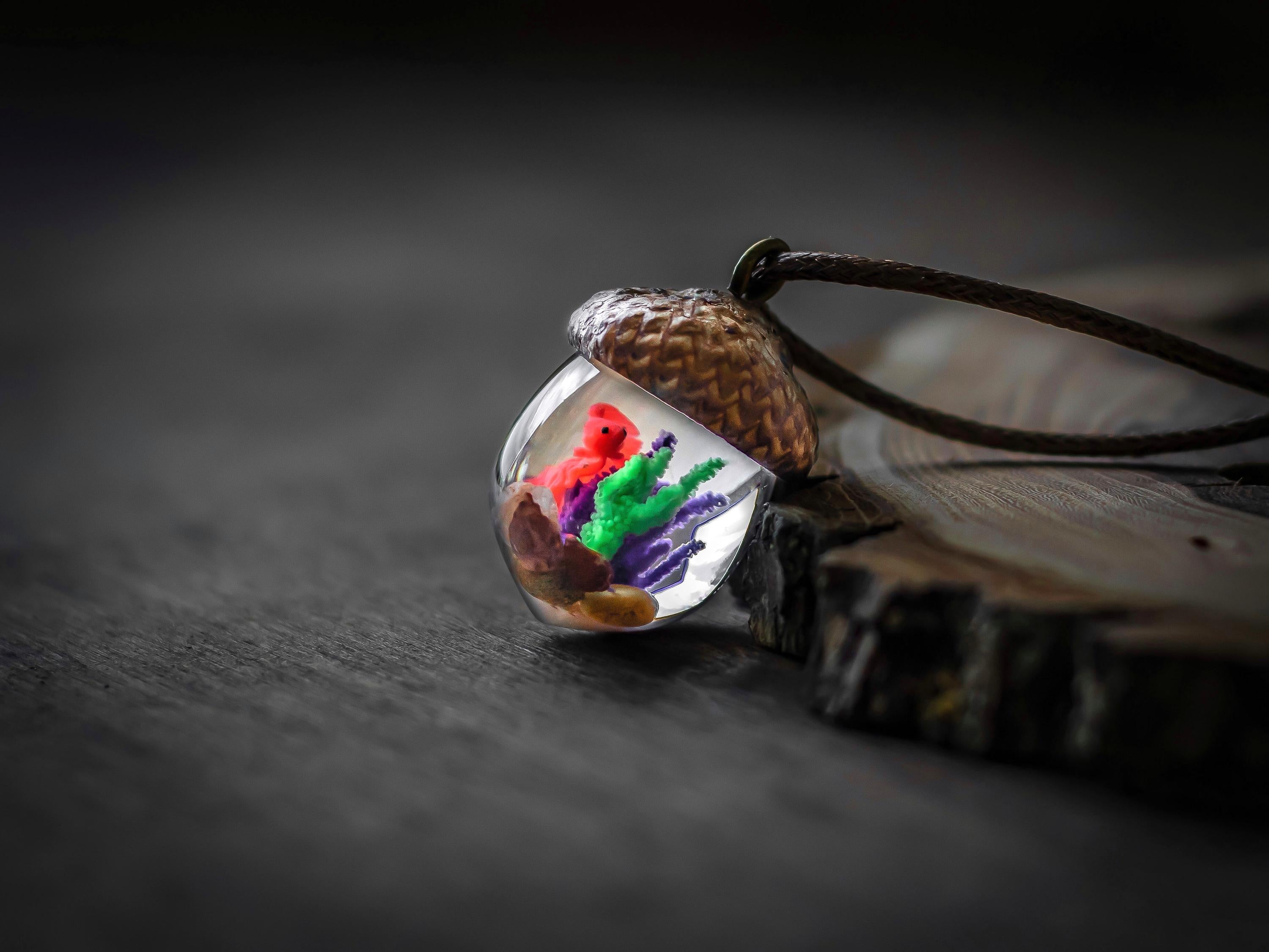 TinyNatureWorks Resin Acorn Terrarium Necklace Real Cap Fish Charm