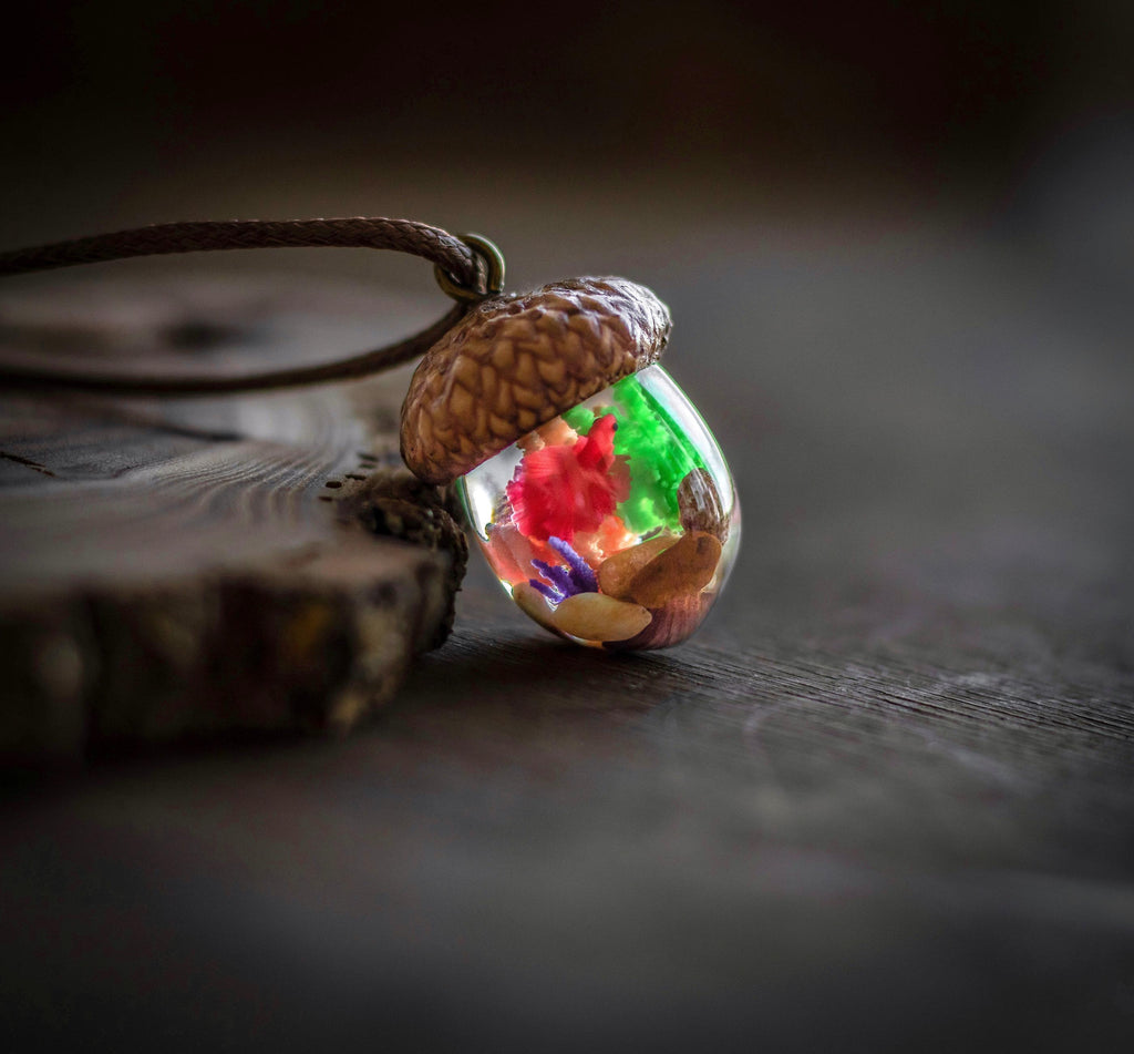 TinyNatureWorks Resin Acorn Terrarium Necklace Real Cap Fish Charm
