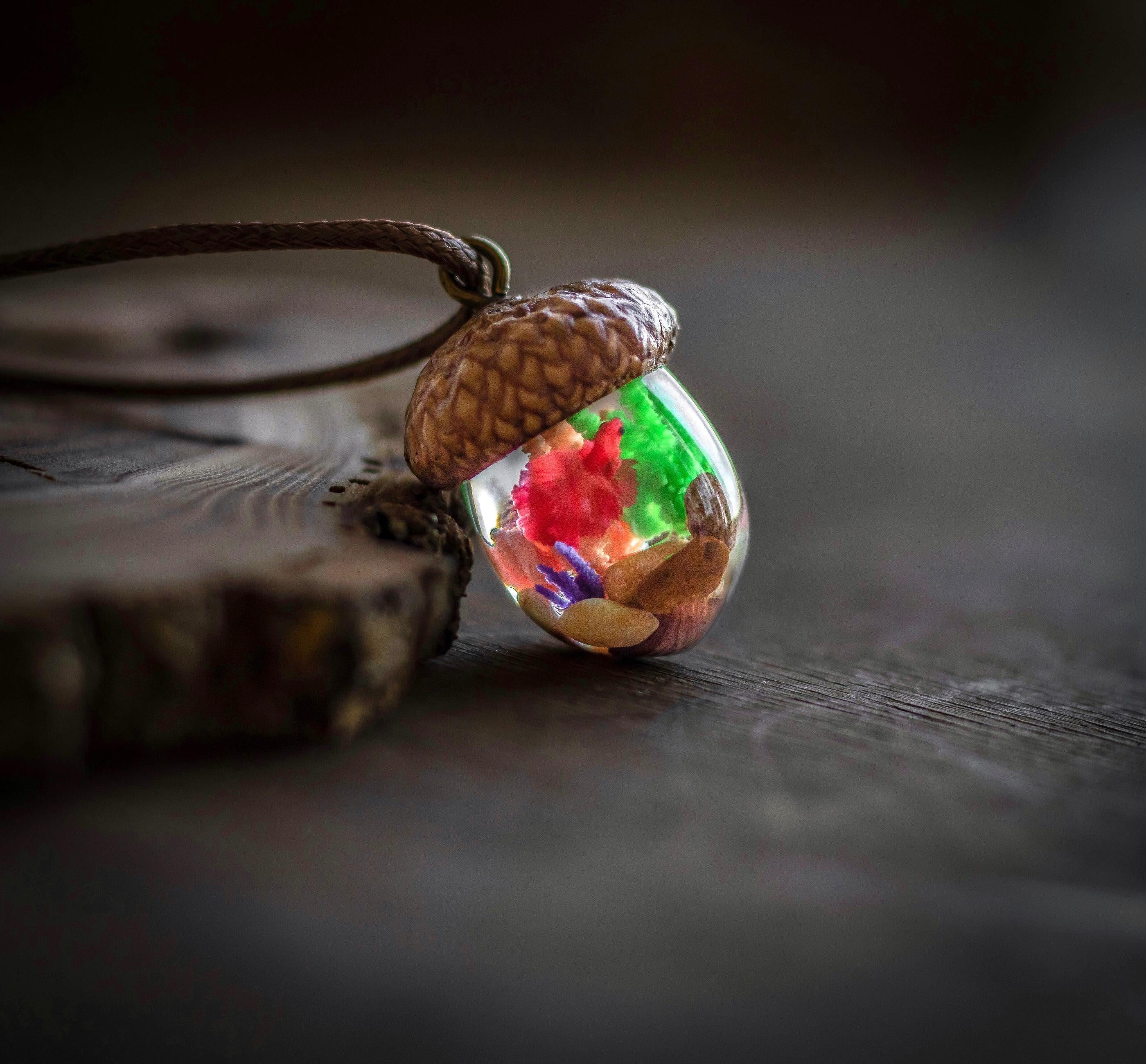 TinyNatureWorks Resin Acorn Terrarium Necklace Real Cap Fish Charm