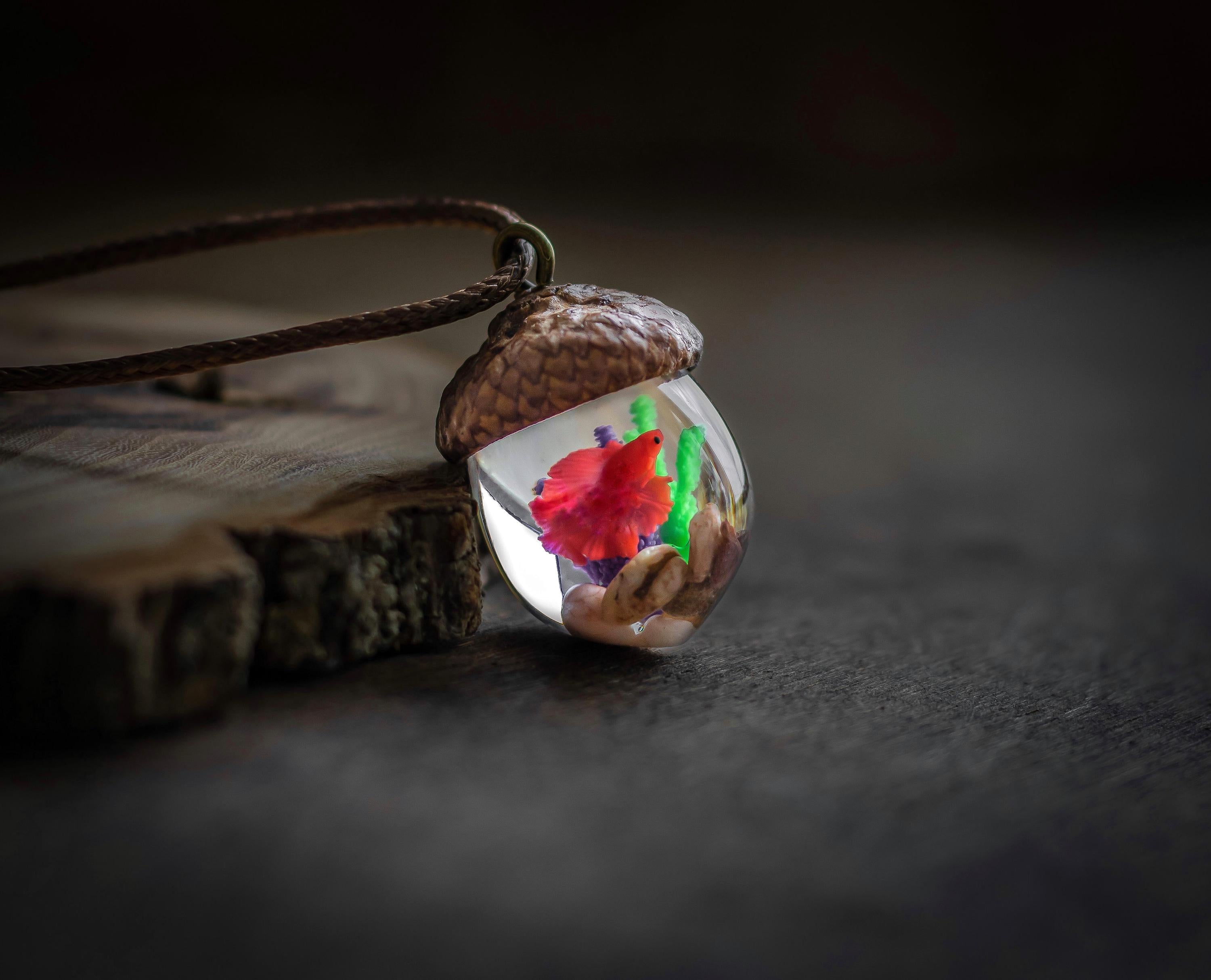 TinyNatureWorks Resin Acorn Terrarium Necklace Real Cap Fish Charm