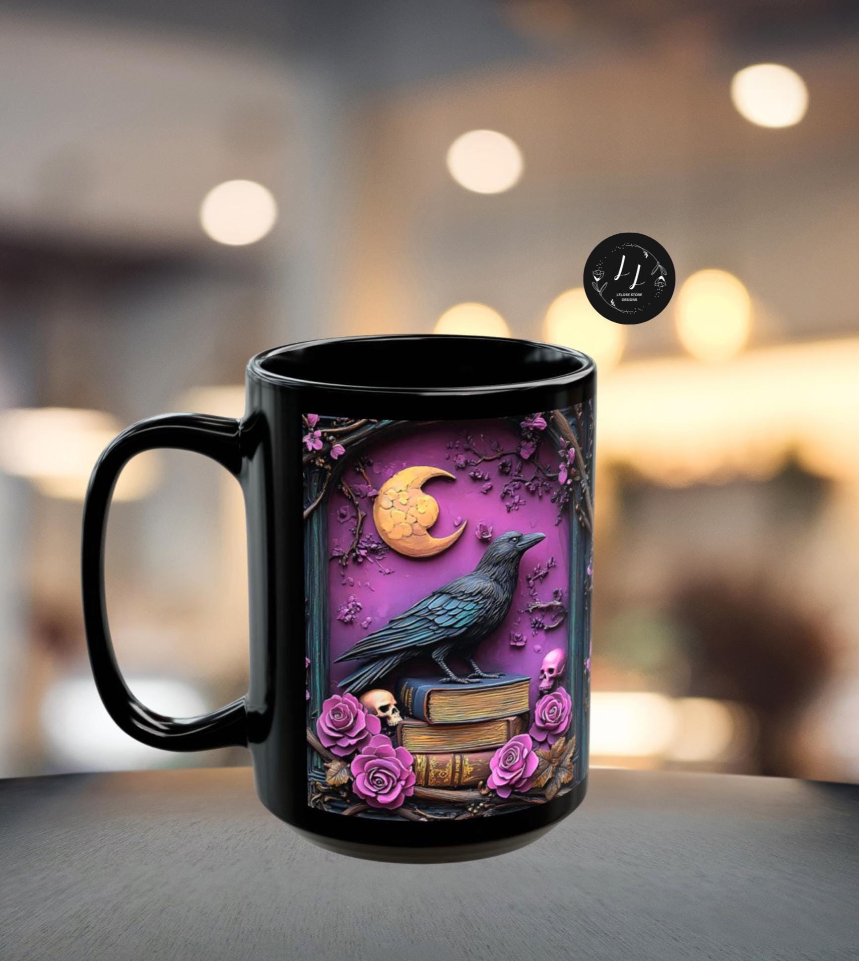 LELORESTORE Gothic Floral Bookish Mug Purple Bookshelf Witch Coffee Cup
