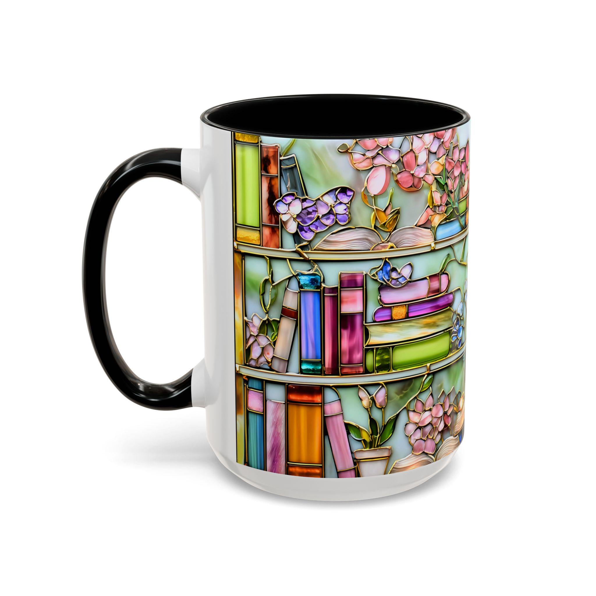 LELORESTORE Floral Bookshelf Coffee Mug Faux Stained Glass Ceramic Book Lover Gift