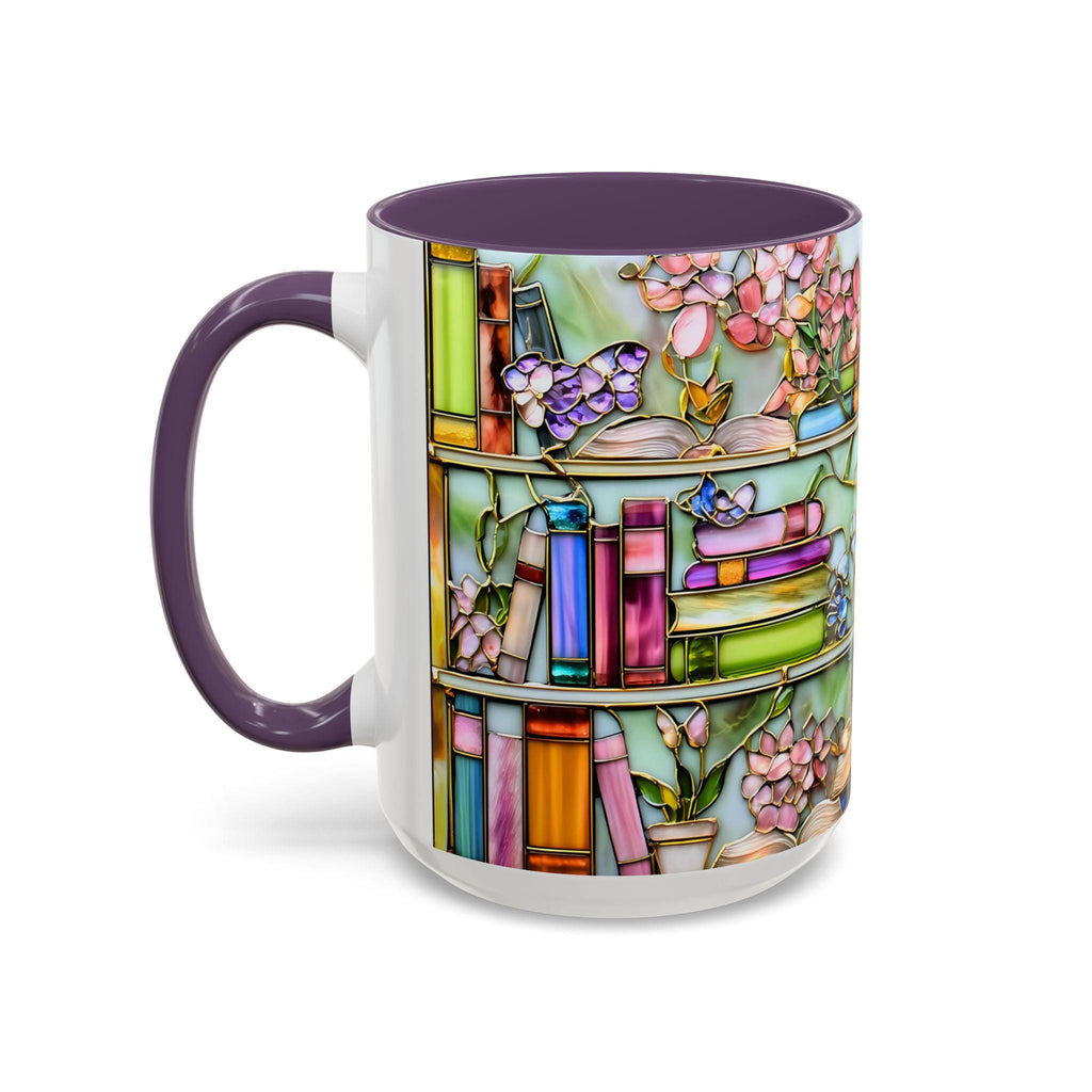 LELORESTORE Floral Bookshelf Coffee Mug Faux Stained Glass Ceramic Book Lover Gift