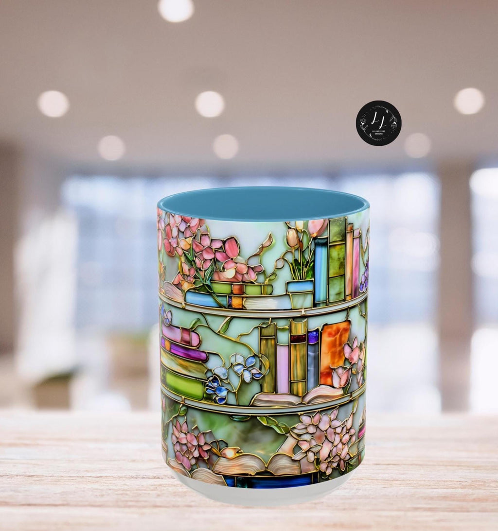 LELORESTORE Floral Bookshelf Coffee Mug Faux Stained Glass Ceramic Book Lover Gift