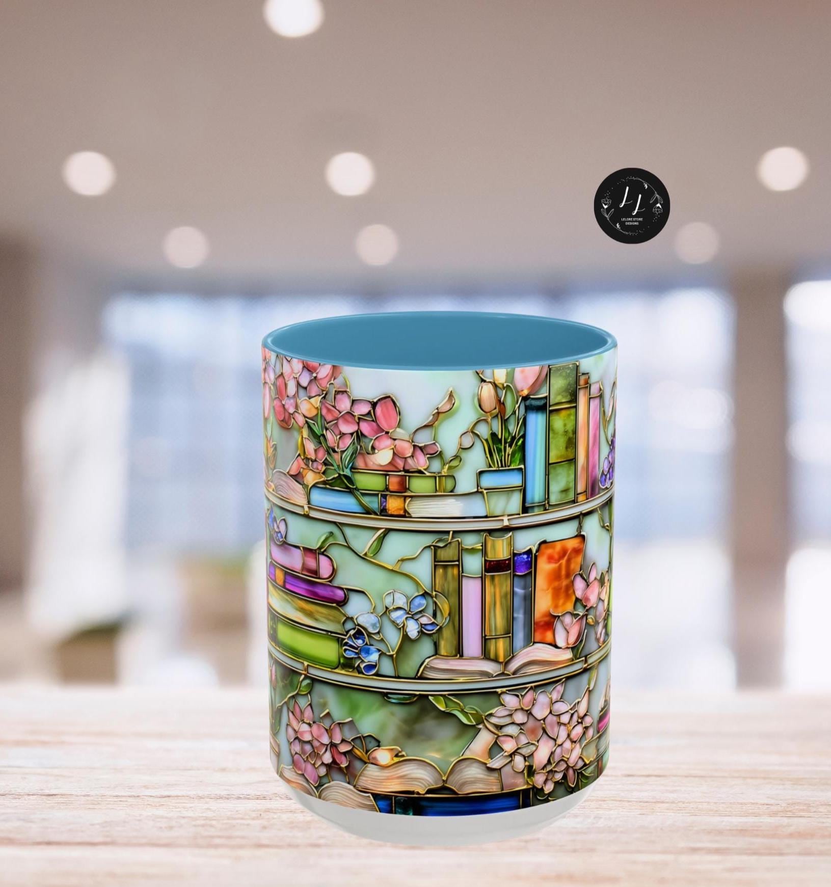 LELORESTORE Floral Bookshelf Coffee Mug Faux Stained Glass Ceramic Book Lover Gift