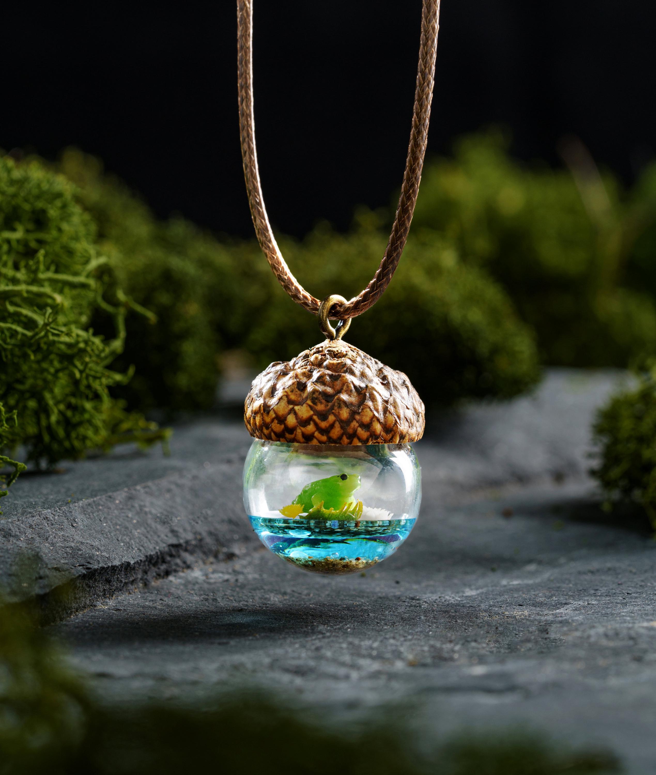 TinyNatureWorks Acorn Pendant Necklace with Resin Snail on Mushroom