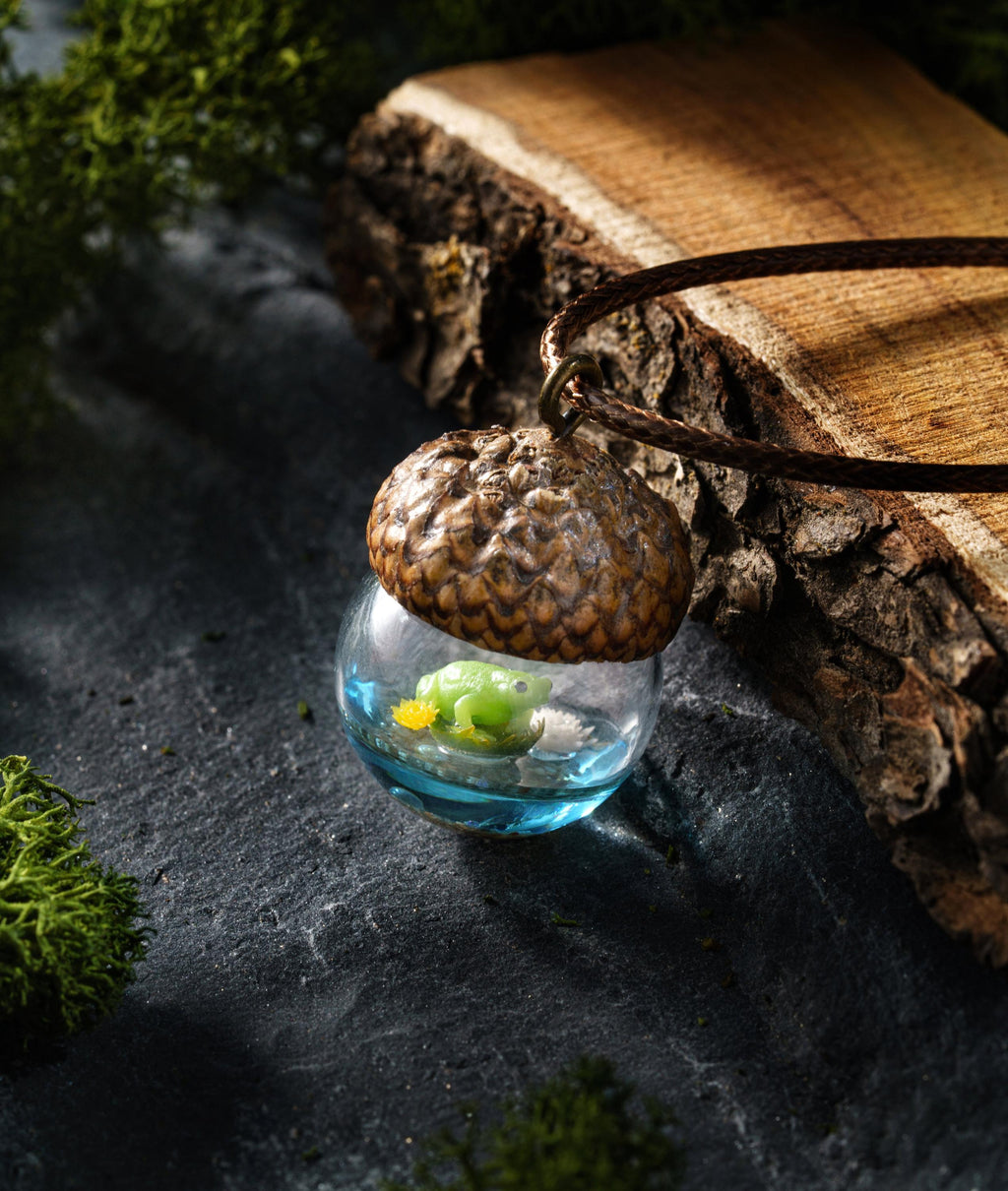 TinyNatureWorks Acorn Pendant Necklace with Resin Snail on Mushroom