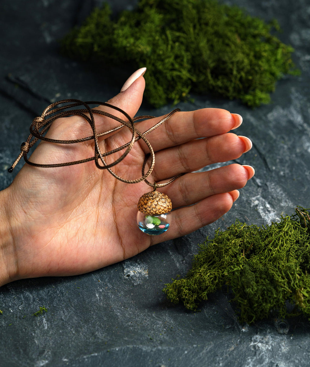 TinyNatureWorks Acorn Pendant Necklace with Resin Snail on Mushroom