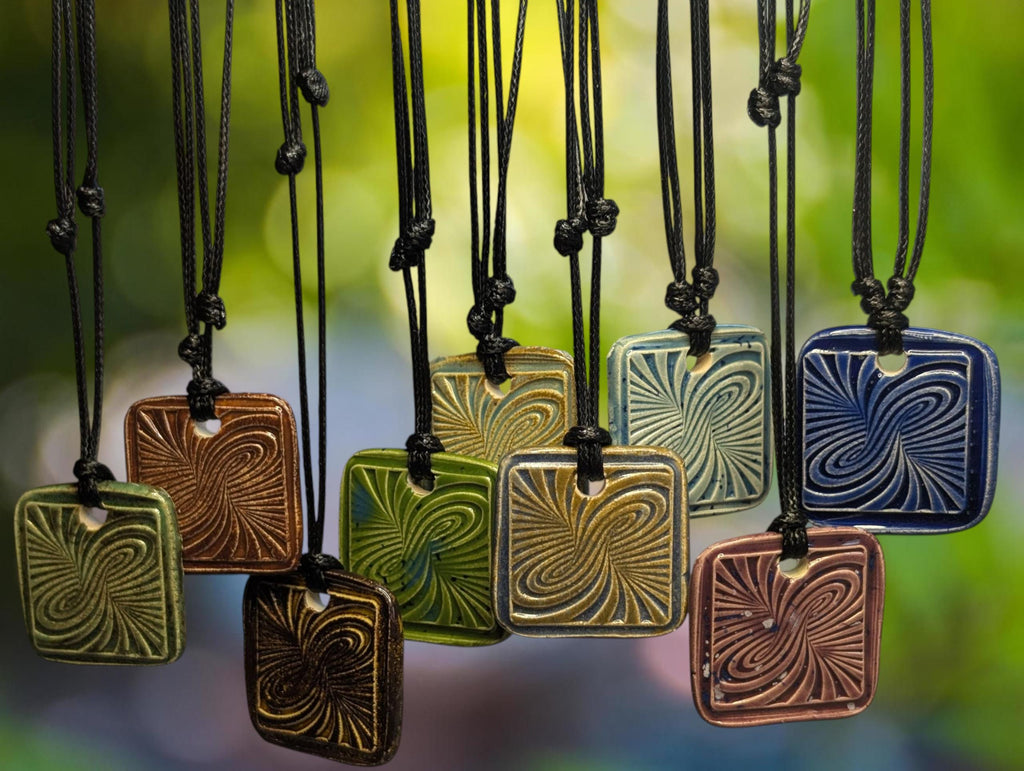 NoctemPottery Psychedelic Swirl Square Ceramic Pendant Necklace