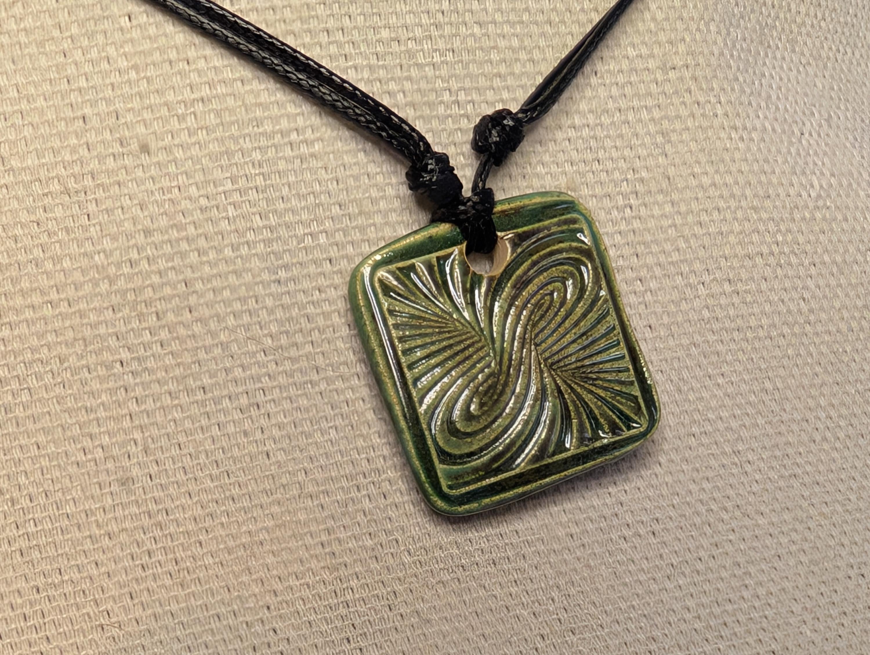 NoctemPottery Psychedelic Swirl Square Ceramic Pendant Necklace