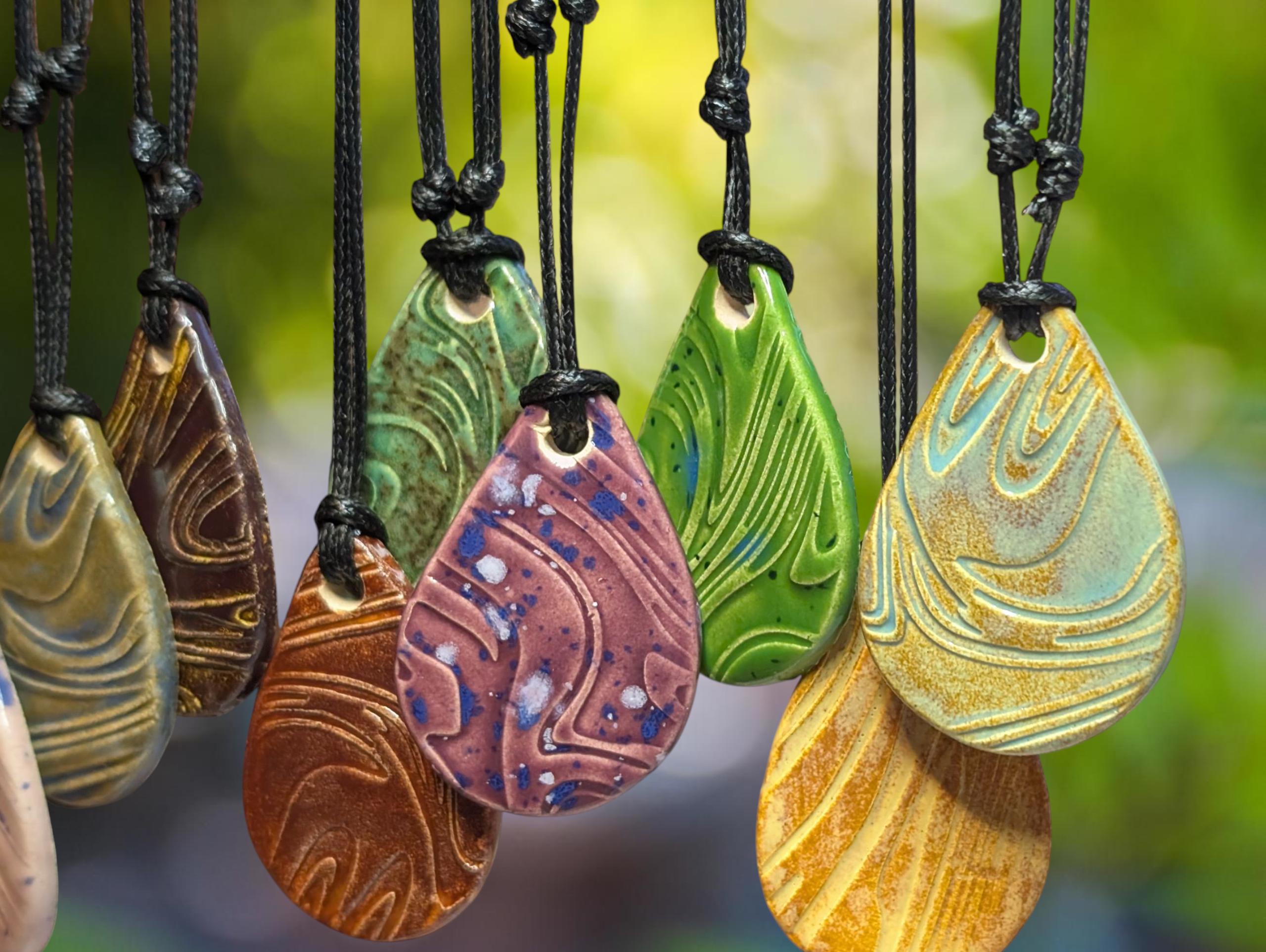 NoctemPottery Geometric Swirl Ceramic Pendant Necklace with Adjustable Cord