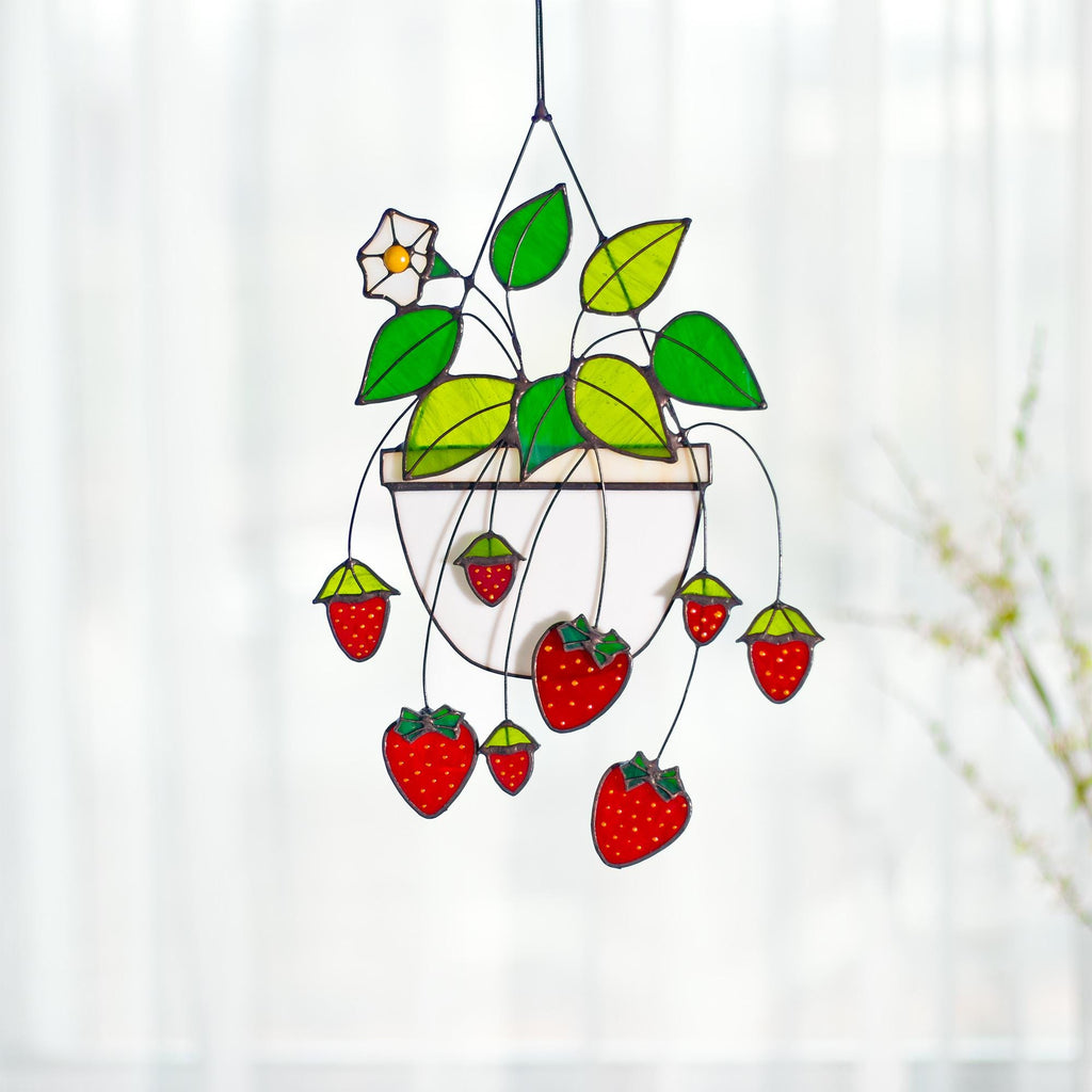 RainLine Strawberry Stained Glass Suncatcher Window Hanging 12.6in