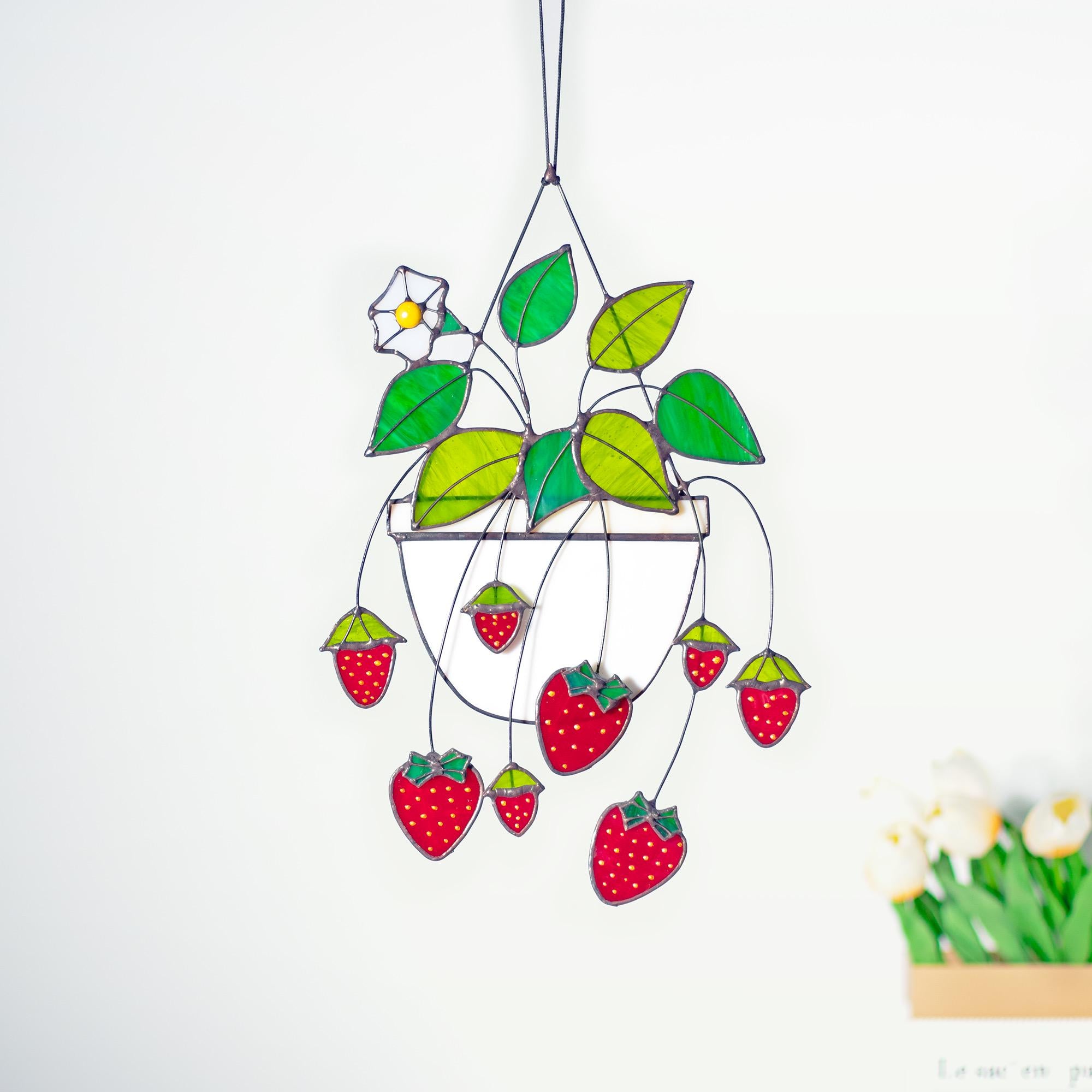 RainLine Strawberry Stained Glass Suncatcher Window Hanging 12.6in